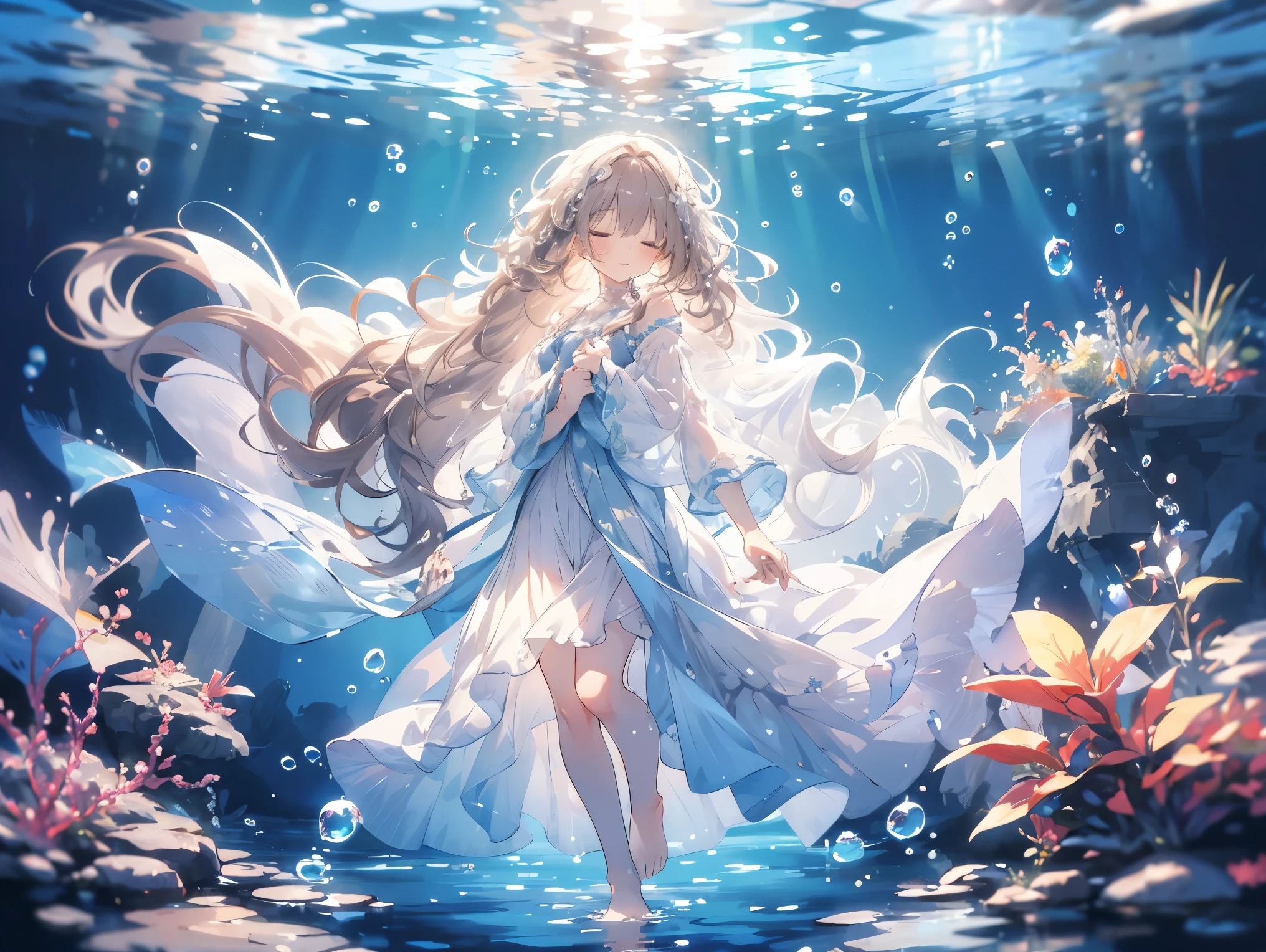 an artwork of a woman in white skirt and flowing white hair under water, 1 Girl, skirt, Underwater, alone, Long hair, Close your eyes, brown hair , air bubble, barefoot, bubble
