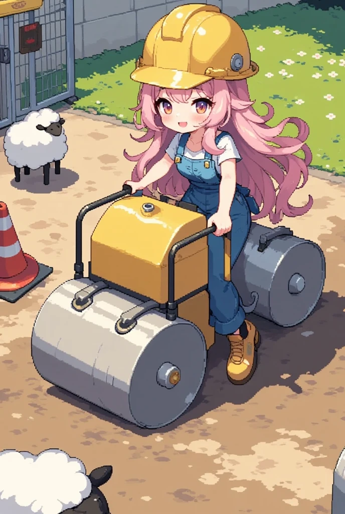 1girl, Alone, Sheep,  long pink fluffy hair, Thick eyebrows, Overalls,  yellow safety helmet , Rammer :1.3, Machine that compacts soil :1.3,  ground leveling machine:1.3,  leveling the ground ,  the ground is vibrating,  vibrating up and down ,  Motion Blur , Construction site, Red colored cone ,  no-entry fence 