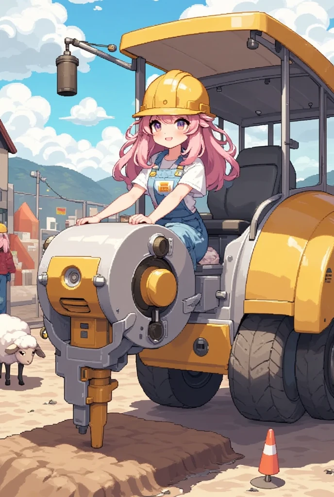 1girl, Alone, Sheep,  long pink fluffy hair, Thick eyebrows, Overalls,  yellow safety helmet , Rammer :1.3, Machine that compacts soil :1.3,  ground leveling machine:1.3,  leveling the ground ,  the ground is vibrating,  vibrating up and down ,  Motion Blur , Construction site, Red colored cone ,  no-entry fence 