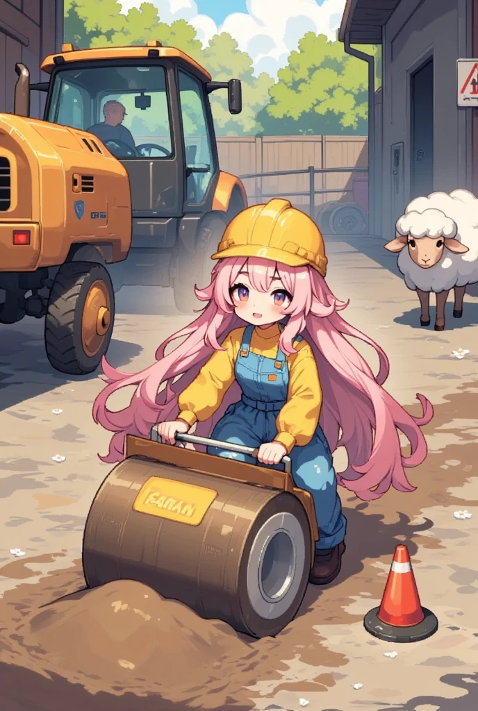 1girl, Alone, Sheep,  long pink fluffy hair, Thick eyebrows, Overalls,  yellow safety helmet , Rammer :1.3, Machine that compacts soil :1.3,  ground leveling machine:1.3,  leveling the ground ,  the ground is vibrating,  vibrating up and down ,  Motion Blur , Construction site, Red colored cone ,  no-entry fence 