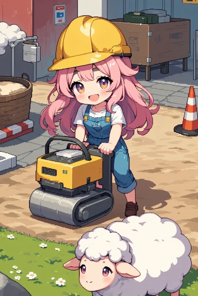 1girl, Alone, Sheep,  long pink fluffy hair, Thick eyebrows, Overalls,  yellow safety helmet , Rammer :1.3, Machine that compacts soil :1.3,  ground leveling machine:1.3,  leveling the ground ,  the ground is vibrating,  vibrating up and down ,  Motion Blur , Construction site, Red colored cone ,  no-entry fence 