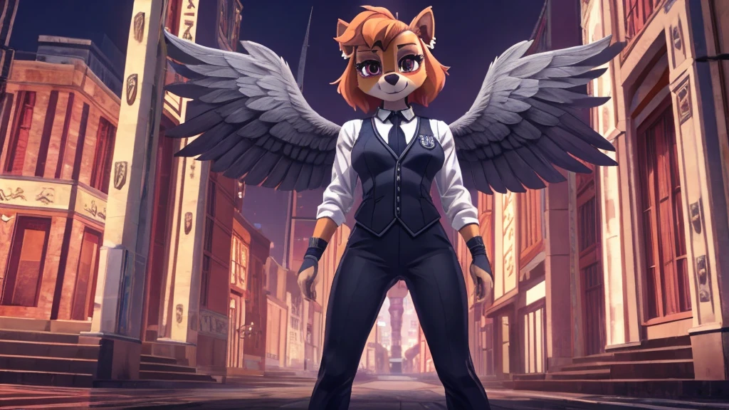 Skye from Paw Patrol, anthro, female cockapoo, mature adult, orange hair, magenta eyes, tall, slim, grey angel, grey angel halo, grey angel wings, white shirt with black tie, black pants, black shoes, full body, standing, detailed, solo, beautiful, high quality, Blue Archive, anime, 4K