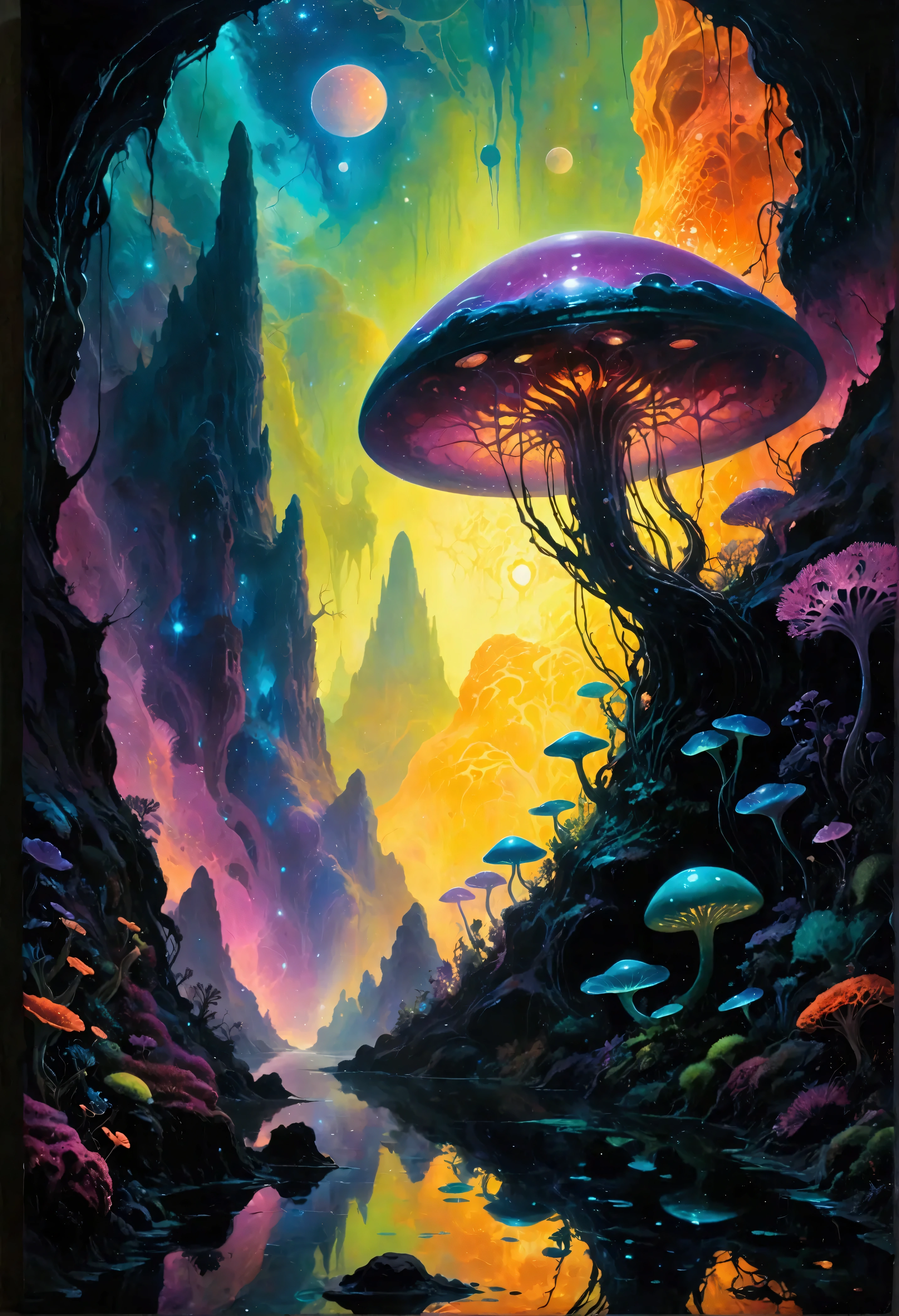 Imagine an alien underground ecosystem teeming with lifeforms that defy earthly biology. The cavernous environment is a kaleidoscope of colors and shapes, where exotic plants and creatures coexist in symbiotic harmony. Fungal towers, luminous in shades of violet and aqua, rise like organic skyscrapers, while vines weave a complex tapestry across the walls, pulsing with a luminescent glow. Transparent creatures float through the air and scuttle across the ground, their forms morphing in response to unseen stimuli. Pools of iridescent liquid scatter the terrain, bubbling with unknown energy. This world is both beautiful and eerie, a testament to the adaptability of life beyond human comprehension. Depict this alien biosphere with fluid, organic shapes and a vibrant color palette, capturing the otherworldly beauty and intricate complexity of this extraterrestrial underground habitat, hinting at the boundless possibilities of life beneath alien worlds.