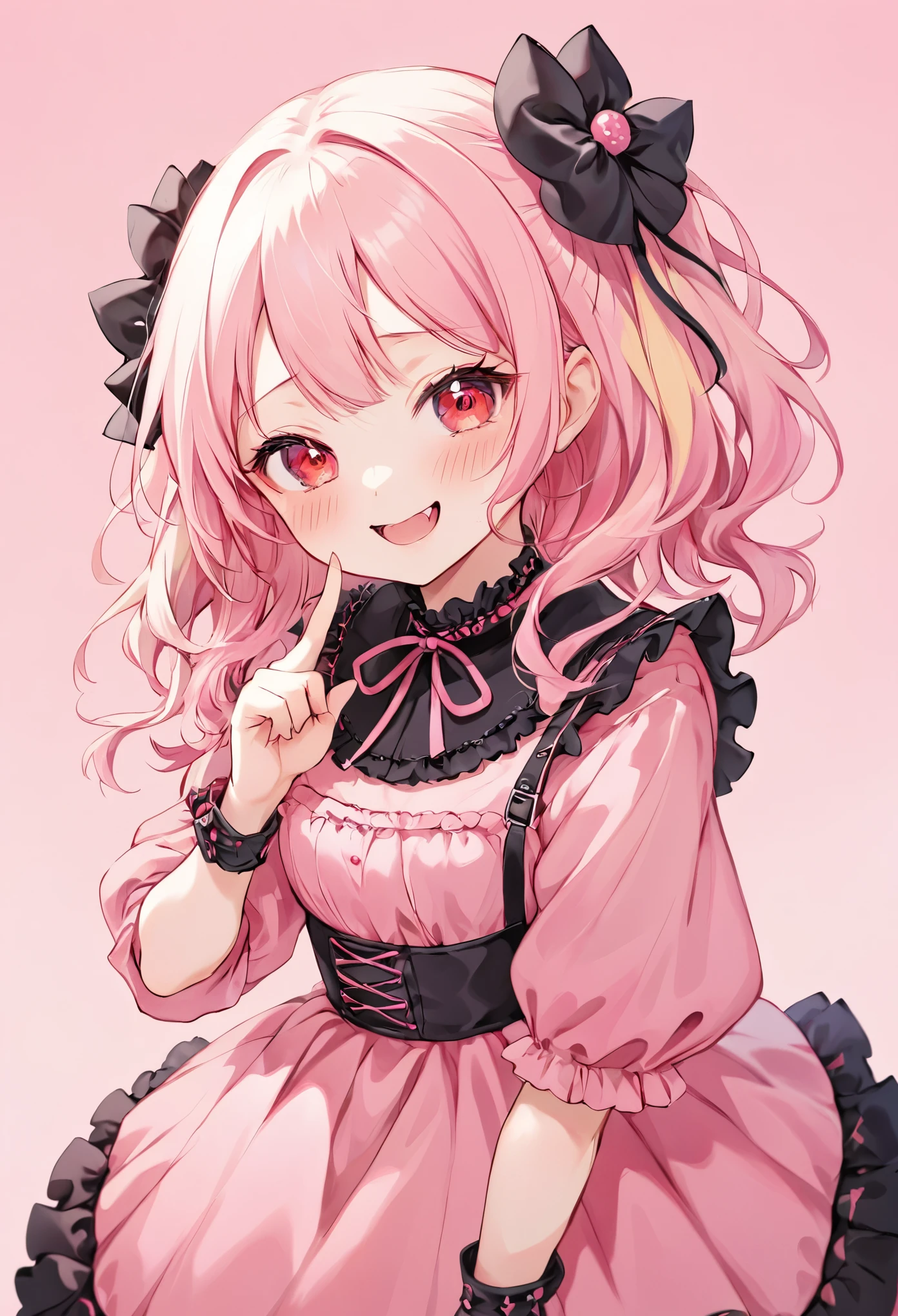 A blonde girl in a **Jirai kei** fashion, with frills and lace decorating her black and pink dress,mesugaki, stands in a slightly tilted pose, looking down with a smug, mocking grin. Her red eyes are filled with mischief, and she raises a finger to her lips, as if she’s holding back a laugh. The focus is on her **upper body**, highlighting her delicate yet menacing appearance, with ribbons tied to her hair and a frilly collar that adds to the darkly cute aesthetic. The background is blurred but filled with soft pink hues, matching the theme of her **Jiraikei** attire. **Jiraikei, upper body, playful smirk, soft pastel background**.