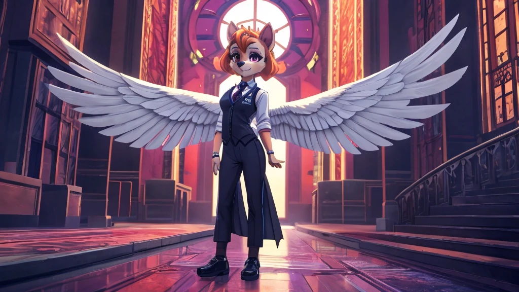 Skye from Paw Patrol, anthro, female cockapoo, mature adult, orange hair, magenta eyes, tall, slim, grey angel, grey angel halo, grey angel wings, white shirt with black tie, black pants, black shoes, full body, standing, detailed, solo, beautiful, high quality, Blue Archive, anime, 4K