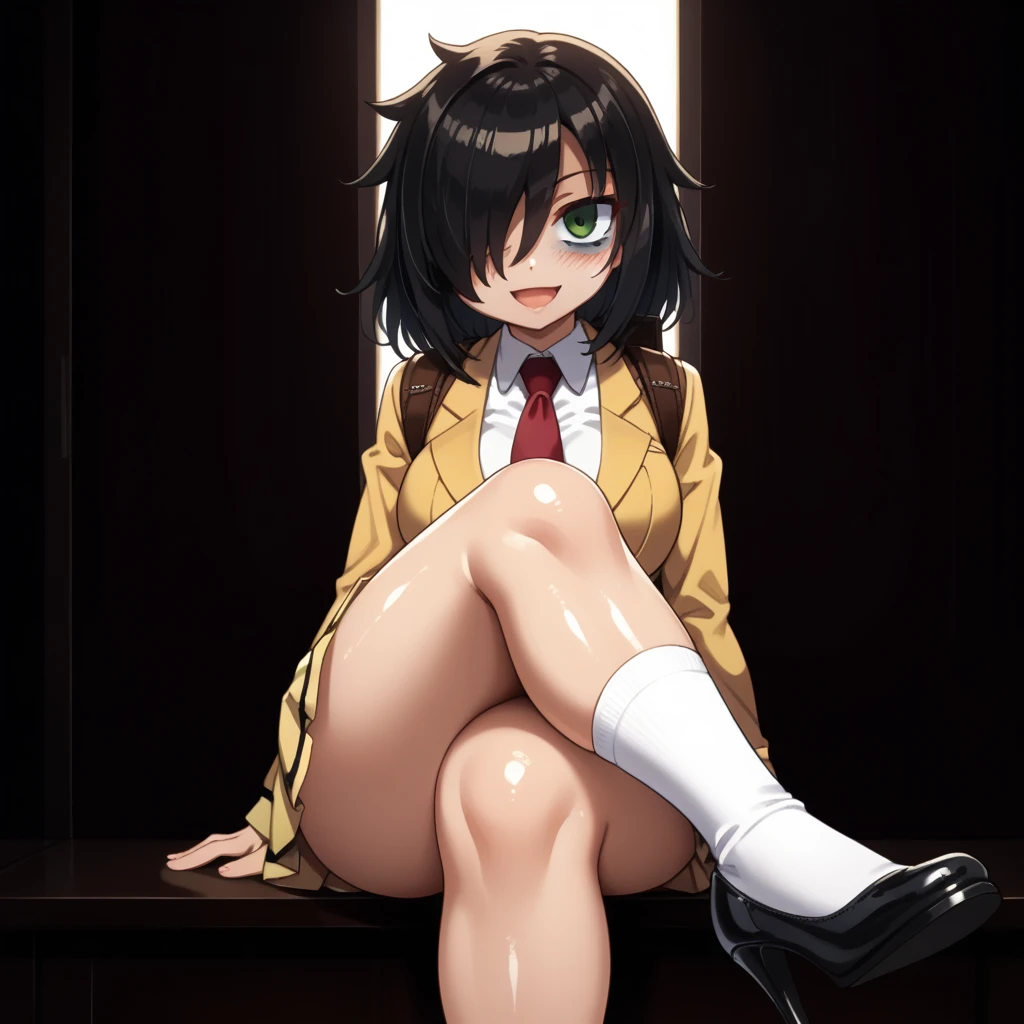 score_9, score_8_up, score_7_up,, solo, source_anime, tomokoxl, bags under eyes, hair over one eye black hair, medium hair, school uniform, red necktie, yellow skirt, short skirt, pleated skirt, yellow jacket, standing, cowboy shot, sitting, crossed legs, thick thighs, shiny skin, focus in crossed legs, underwear, white underwear, shiny underwear, lace underwear, white lace underwear, shiny lace underwear, panties, white panties, shiny panties, only crossed legs pose, sexy crossed legs, perfect crossed legs, sexy legs, big thighs, oiled thighs, oiled legs, smile, open mouth, glowing green eyes, evening time, dark room, breast, big breast, sheer socks, white sheer socks, ankle socks, white ankle socks, high heels, black high heels, backpack, leather backpack, brown backpack, focus in crossed legs, focus in legs, blushing,