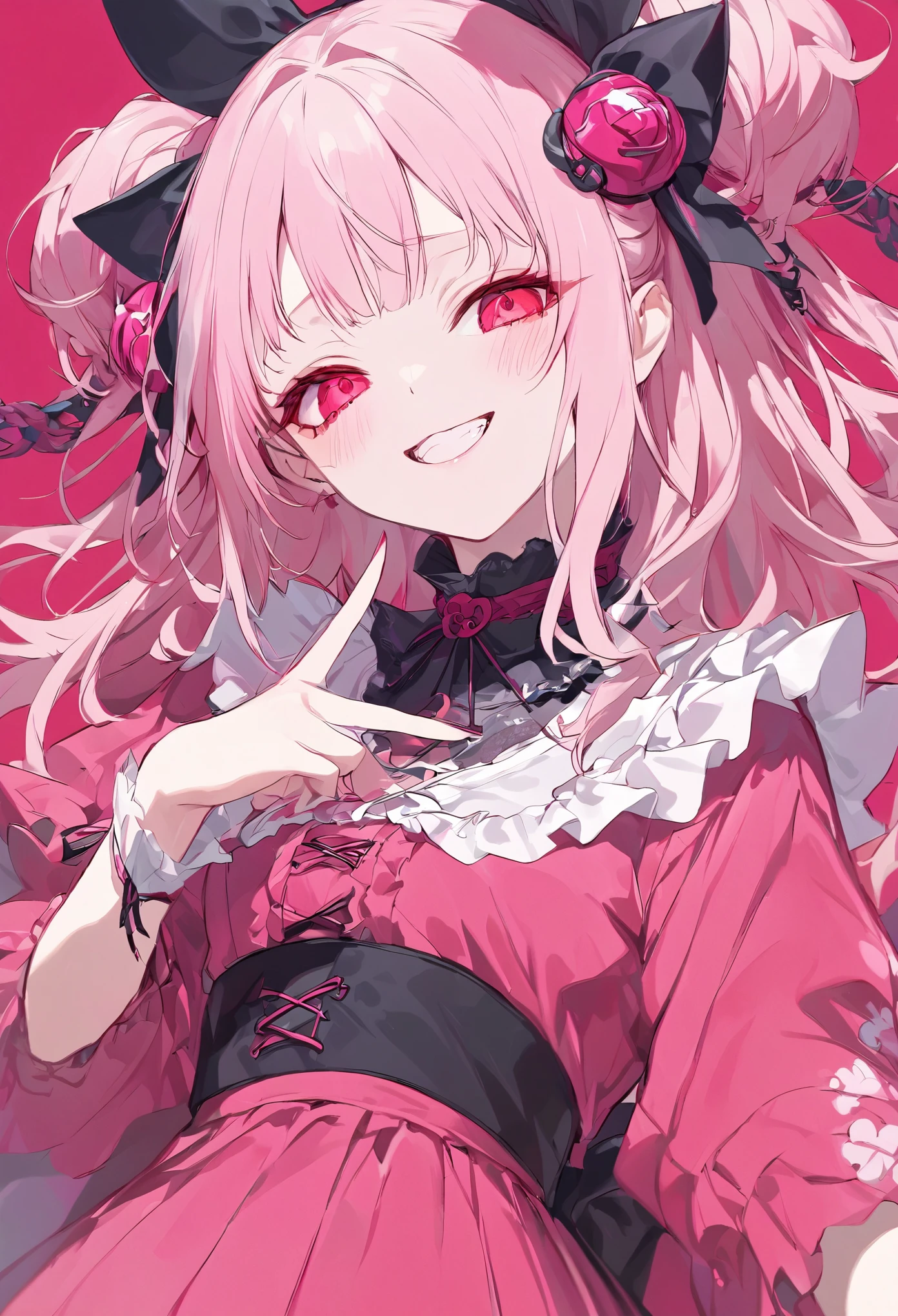 A blonde girl in a **Jirai kei** fashion, with frills and lace decorating her black and pink dress,mesugaki, stands in a slightly tilted pose, looking down with a smug, mocking grin. Her red eyes are filled with mischief, and she raises a finger to her lips, as if she’s holding back a laugh. The focus is on her **upper body**, highlighting her delicate yet menacing appearance, with ribbons tied to her hair and a frilly collar that adds to the darkly cute aesthetic. The background is blurred but filled with soft pink hues, matching the theme of her **Jiraikei** attire. **Jiraikei, upper body, playful smirk, soft pastel background**.