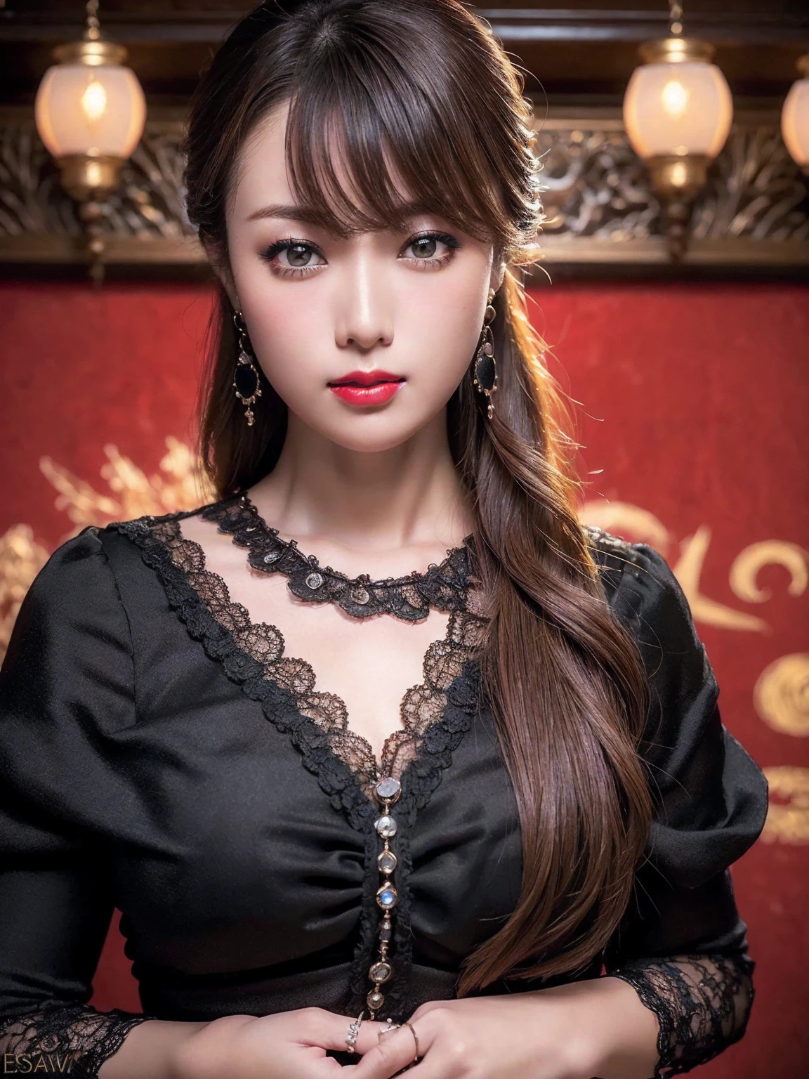 Kasumi, brown eyes, (best quality, ultra-detailed), (realistic:1.37), beautiful and detailed face, ultra-realistic texture, delicate face, delicate body, red lipstick, bright colors. High definition, 8K. expression a slight sweet smile