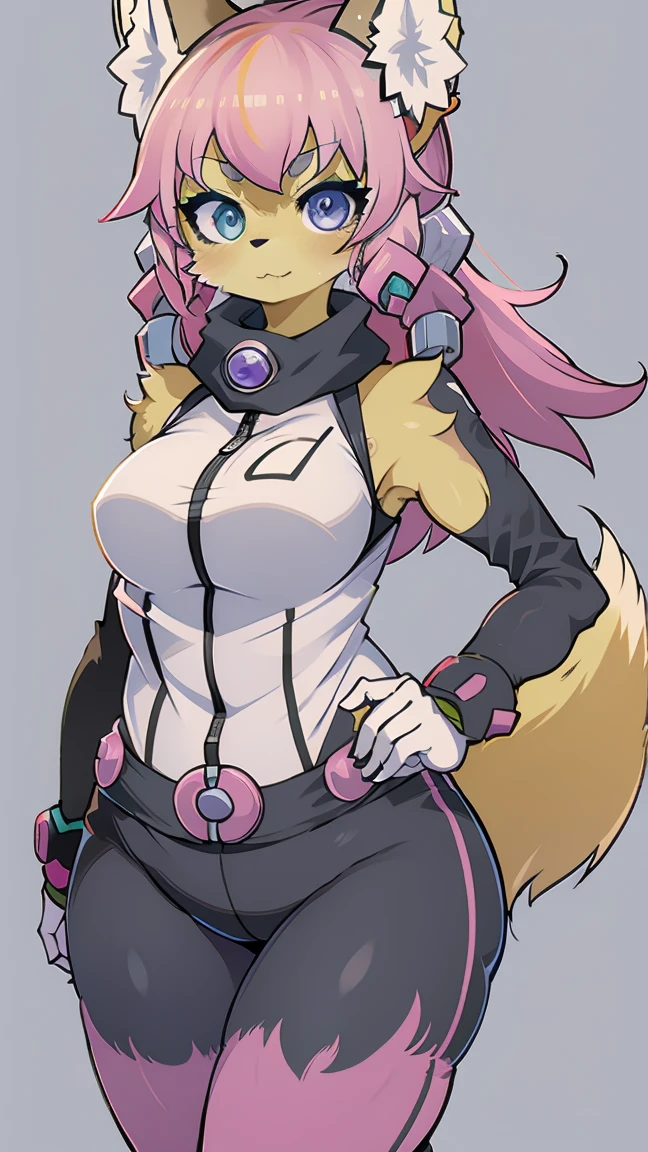 Kawaii, cute fox, (cyberpunk) |  Pink hair green highlights | blue eyes,  heterochromia | Purple hairy skin  | With a fluffy syrup  | (((white background))) | Gym suit   |  Funny and embarrassed personality 