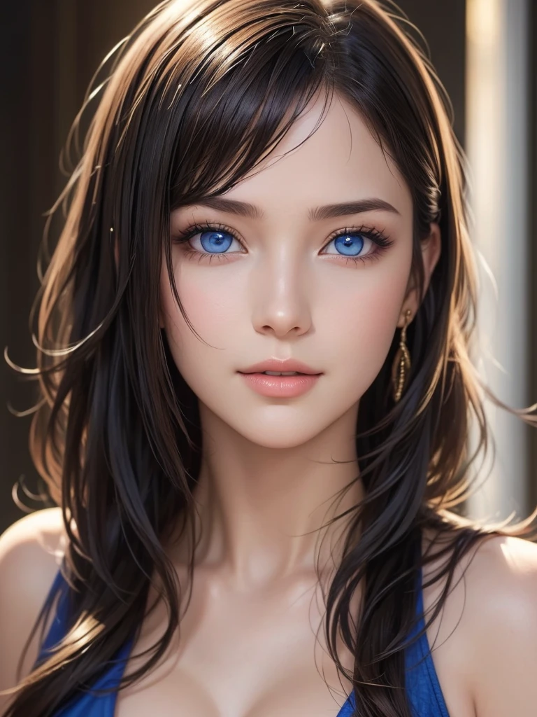 (8k、Original photo、Best Quality、masterpiece:1.2)、(Realistic、Realistic:1.37)、Super detailed、  Super A High Resolution 、1 girl、(Beautiful Detailed Face Gaze Poses 、Golden ratio face、Balanced Eyes、Double Eyelid、Lip gloss)、  beautiful and detailed skin 、 skin texture、 Professional Writing、( very pretty girl)、Happy smile、View Photographers、Shiny white skin、( Attractive Light Natural Platinum Brown Silky Hair 1.5)、Eyeliner、(((blue eyes)))、 office lady 