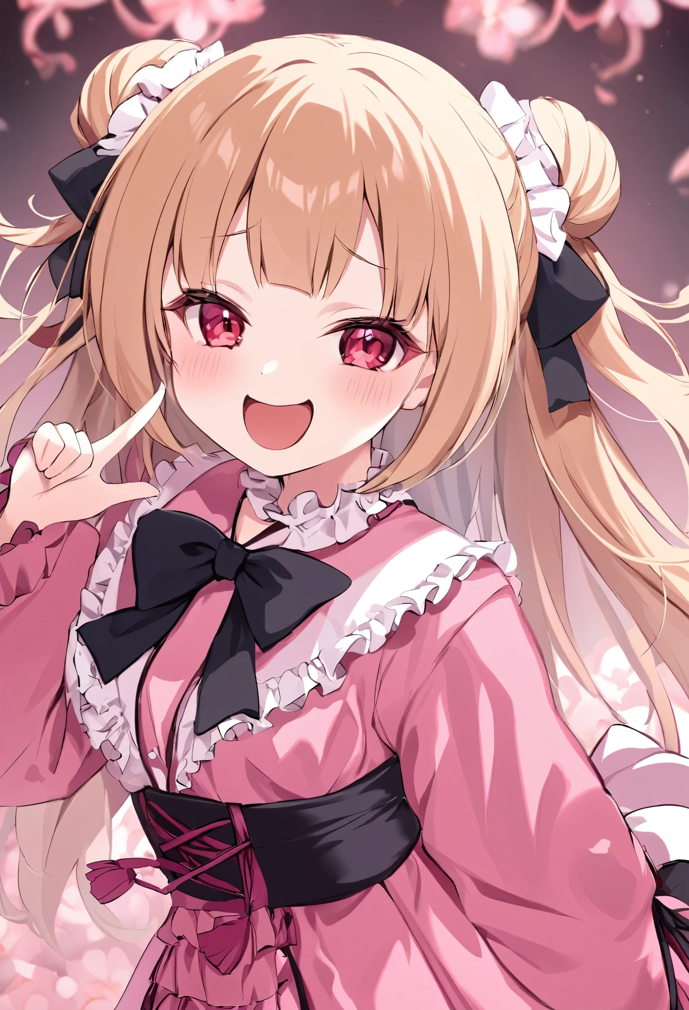 A blonde girl in a **Jirai kei** fashion, with frills and lace decorating her black and pink dress,mesugaki, stands in a slightly tilted pose, looking down with a smug, mocking grin. Her red eyes are filled with mischief, and she raises a finger to her lips, as if she’s holding back a laugh. The focus is on her **upper body**, highlighting her delicate yet menacing appearance, with ribbons tied to her hair and a frilly collar that adds to the darkly cute aesthetic. The background is blurred but filled with soft pink hues, matching the theme of her **Jiraikei** attire. **Jiraikei, upper body, playful smirk, soft pastel background**.