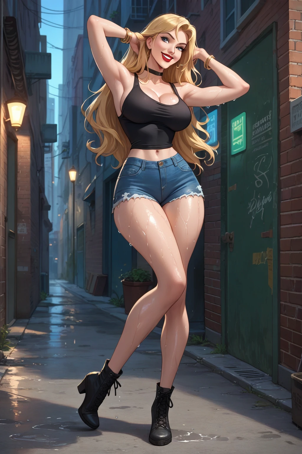 Image of Princess Aurora,long blonde hair, blue eyes,sexy, smile,long hair, big breasts, beautiful legs, thick thighs,FULL LEGS.black tank top + tight jean shorts,  black choker, bracelets, red lipstick,  smile,Alone, charismatic.Pose sexy.  perfect anatomy.wet,Bottom: city alley, metropolis
