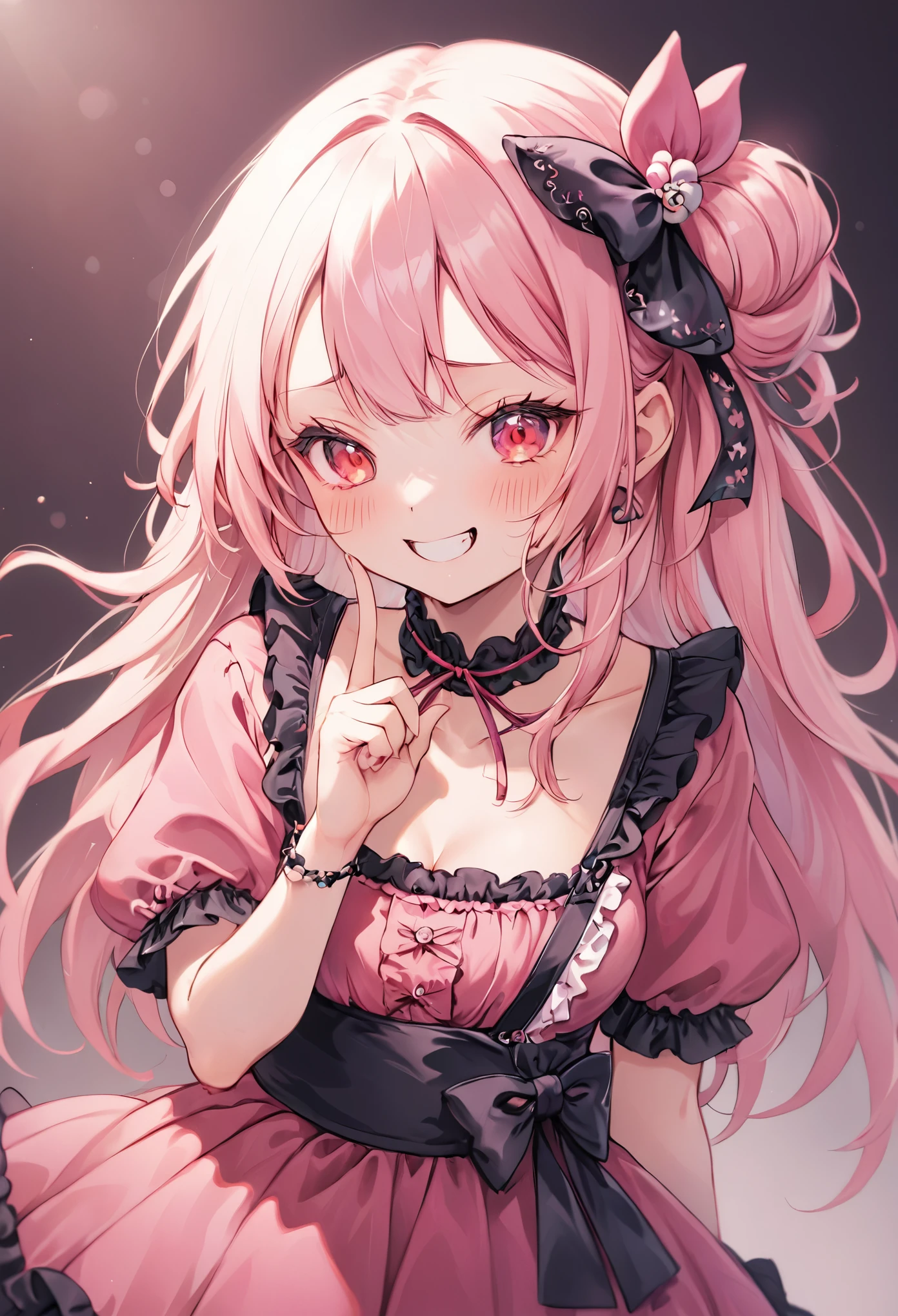 A blonde girl in a **Jirai kei** fashion, with frills and lace decorating her black and pink dress,mesugaki, stands in a slightly tilted pose, looking down with a smug, mocking grin. Her red eyes are filled with mischief, and she raises a finger to her lips, as if she’s holding back a laugh. The focus is on her **upper body**, highlighting her delicate yet menacing appearance, with ribbons tied to her hair and a frilly collar that adds to the darkly cute aesthetic. The background is blurred but filled with soft pink hues, matching the theme of her **Jiraikei** attire. **Jiraikei, upper body, playful smirk, soft pastel background**.