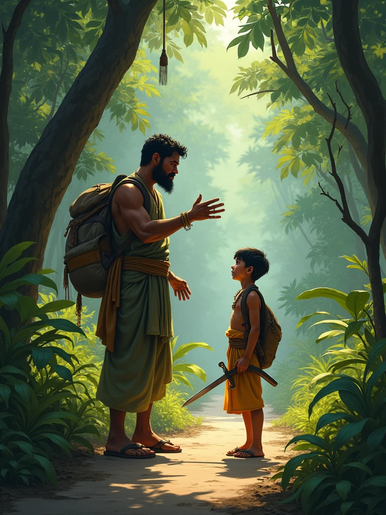 Show a young, stressed trader named Raj, overwhelmed by the market's volatility, seeking refuge in the park. The scene should then flash back to an ancient battlefield, specifically Kurukshetra, where Lord Krishna imparts wisdom to a focused and composed Arjuna amidst the chaos of war.