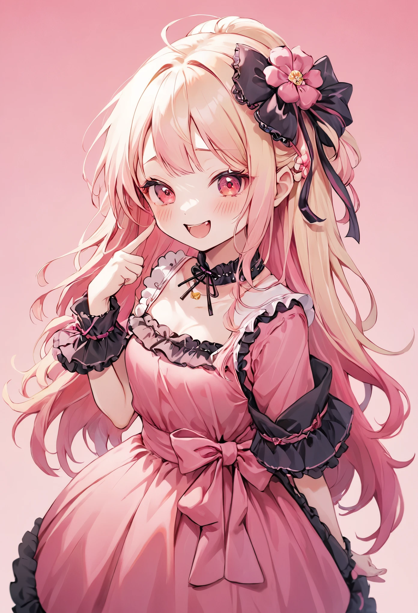 A blonde girl in a **Jirai kei** fashion, with frills and lace decorating her black and pink dress,mesugaki, stands in a slightly tilted pose, looking down with a smug, mocking grin. Her red eyes are filled with mischief, and she raises a finger to her lips, as if she’s holding back a laugh. The focus is on her **upper body**, highlighting her delicate yet menacing appearance, with ribbons tied to her hair and a frilly collar that adds to the darkly cute aesthetic. The background is blurred but filled with soft pink hues, matching the theme of her **Jiraikei** attire. **Jiraikei, upper body, playful smirk, soft pastel background**.