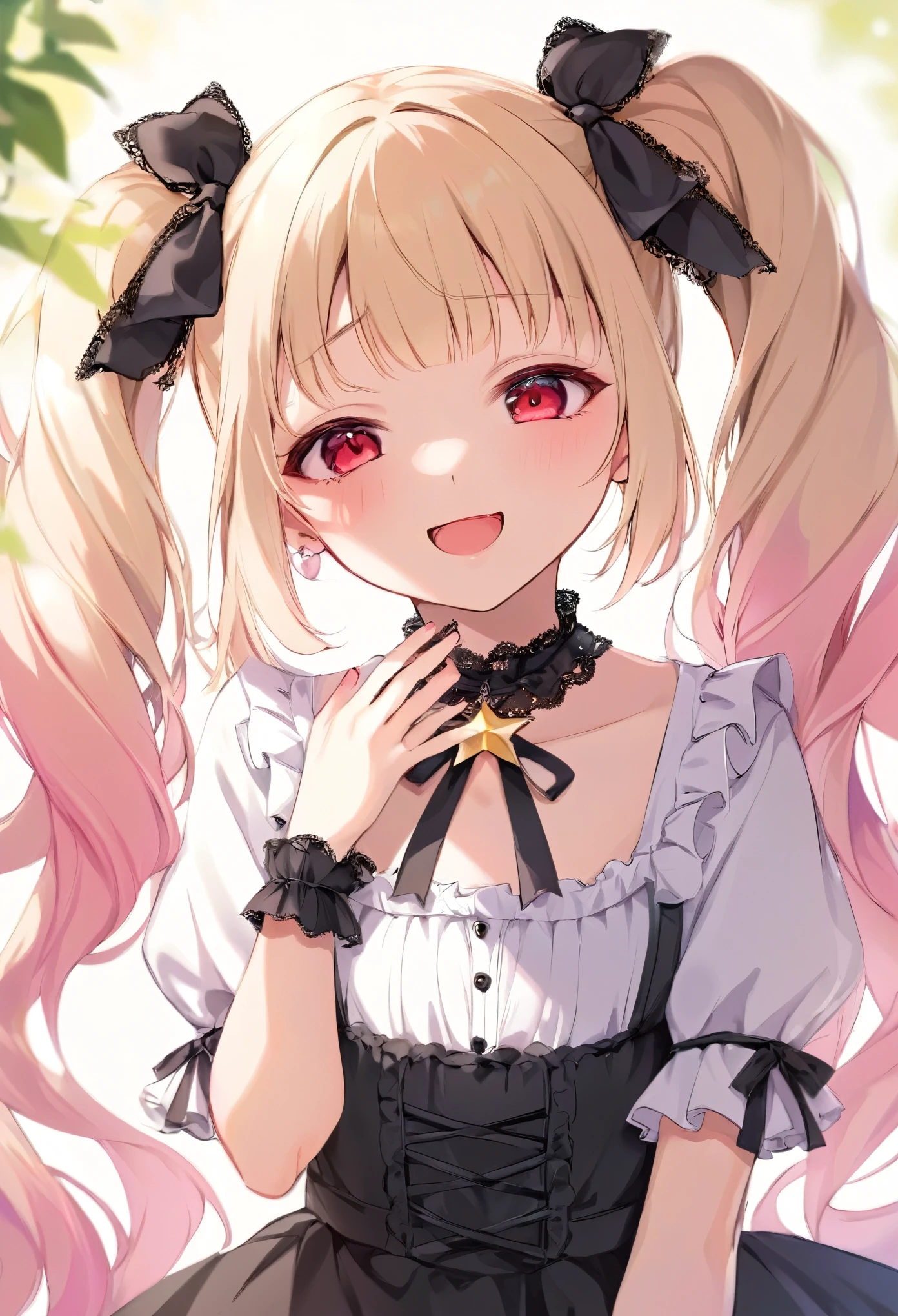 A young girl wearing a classic **Jirai kei** style outfit with soft pink and black lace accents, mesugaki,designed to look cute yet sinister. Her expression is full of mockery, lips curled into a sly, condescending smirk. She gazes down at the viewer with a sharp, teasing look, her red eyes sparkling with amusement. Her blonde twin tails tied with black ribbons sway gently, adding a touch of playfulness. The camera is focused on her **upper body**, capturing her lace-adorned dress and the delicate star-shaped pendant hanging from a red ribbon around her neck. The background is softly blurred with glowing sunlight filtering through. **Jiraikei, upper body, mocking expression, soft light background**.