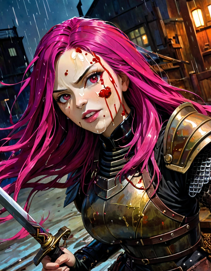 girl with long magenta hair, warrior with black steampunk armor, sword ((complete armor)) ((red liquid splattered dirty face)), night action scene, military installation interior background, faces a large deformed monster inspired by "The Thing" concept Carpenter art, art inspired by Bill Sienkiewicz and Dave McKean
