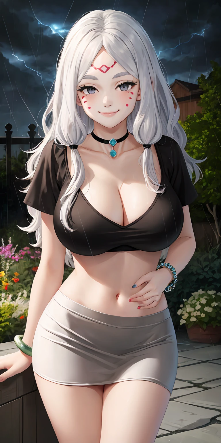 masterpiece, ultra high-quality, extremely detail 8k cg, high resolution, 1girl, mature female, MTSpiderV4, long hair, white hair, forehead mark, facial markings, pale skin, grey eyes, navel, cleavage, jewelry, gigantic breasts, collarbone, bracelet, choker, black tubeskirt, miniskirt, fishnet, black shirt, black crop top, collarbone, choker, beautiful face, smile, night time, outdoors, garden, rain, thunderstorm, medium full shot