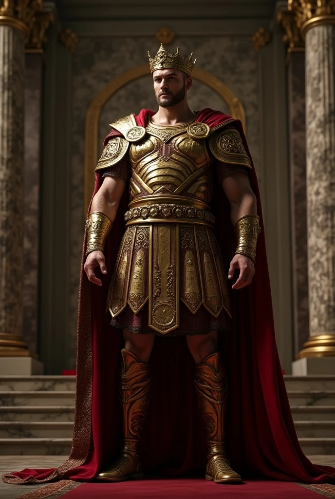 Alexander the Great: Show the Macedonian king in ancient Greek armor, with a bronze cuirass, a flowing red cape, and a laurel wreath crown. His hand should rest on a sheathed sword, and his expression should be confident and commanding. His throne should be made of marble with engravings of Greek gods, with a lion at the base. Place a map or globe beside him, hinting at his conquests.