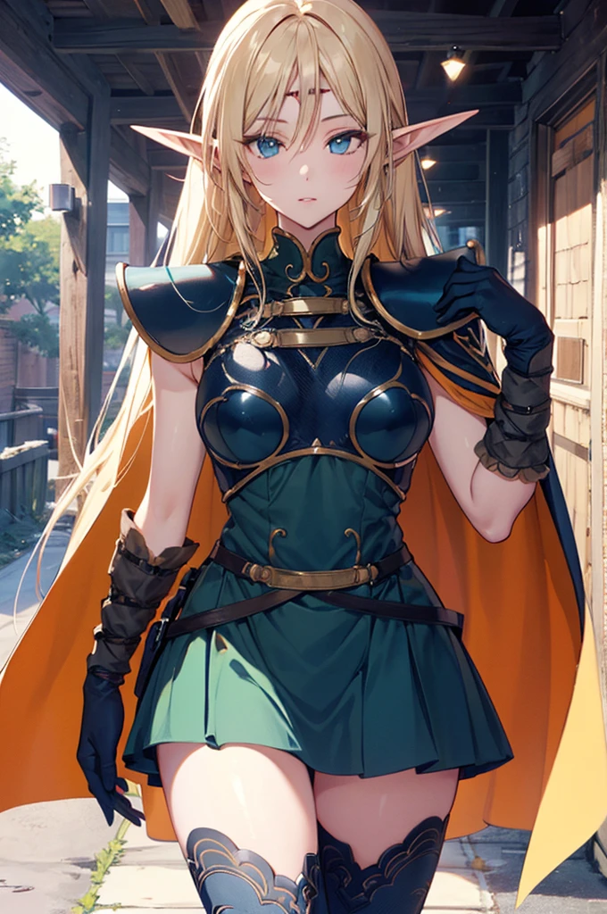  cowboy shot, 1 girl, Deedlit, Alone,  pointed ears, Long Hair, Blonde, Green Dress, armor, gloves, Elf, Blue gloves, Cape, blue Cape, blue eyes,  circlet, very Long Hair, Shoulder rest, shoulder armor, Open lips, Thighs, are staring at viewers,  White background ,masterpiece,Noise Reduction, Perfect Anatomy, High Resolution , Ultra-detailed, Ultra-detailed face,Game CG, Dutch angle ,  beautifully detailed eyes kept in the car ,Visual Arts,Five fingers, Perfect hands,  perfect lighting, Sparkling Eyes,