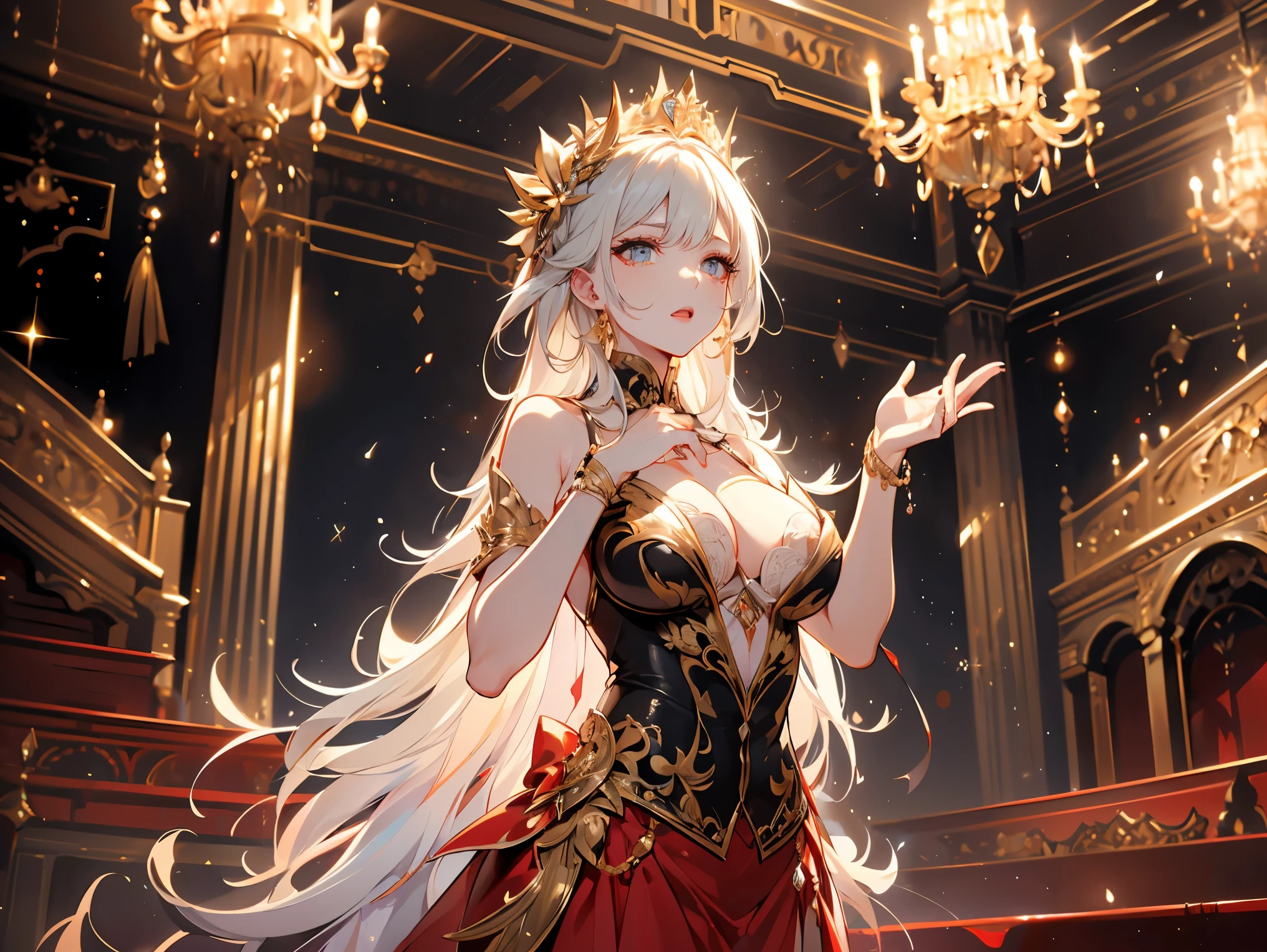 ((best quality)), ((masterpiece)), (detailed), perfect face, detailed eyes, (best quality), (detailed skin:1.3), (intricate details), bust chart, A female opera singer on stage at a grand opera house, wearing an elegant, floor-length gown with intricate detailing. She has a powerful and expressive stance, with one hand raised as she sings. The background features an ornate stage with golden decorations, velvet curtains, and chandeliers hanging from the ceiling. The opera house is filled with rows of red velvet seats and a captivated audience. The lighting is dramatic, casting a soft spotlight on the singer, highlighting her emotion and intensity during her performance