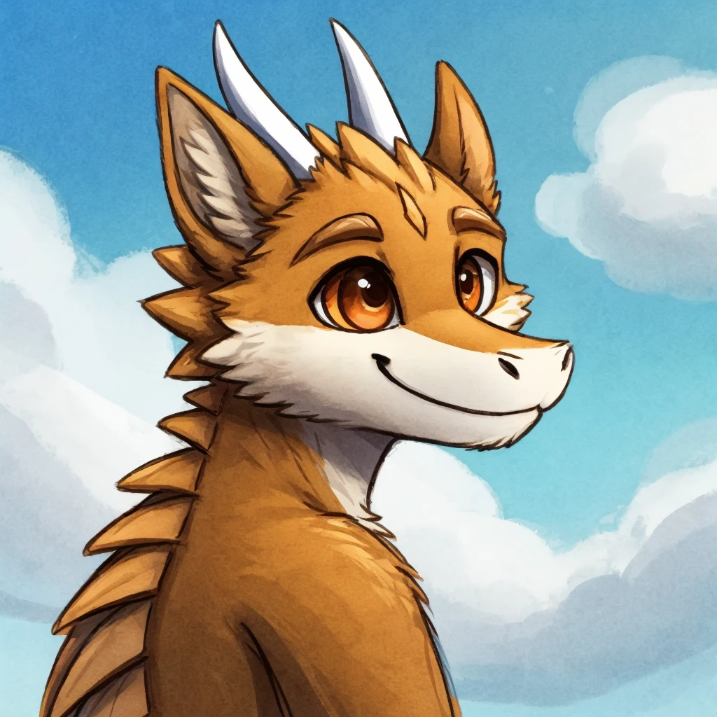 A medium close-up of a green dragon, brown-orange eyes, closed smile, white horns pointing backwards, chibi style, 2D sketch, high quality furry art, sky background.