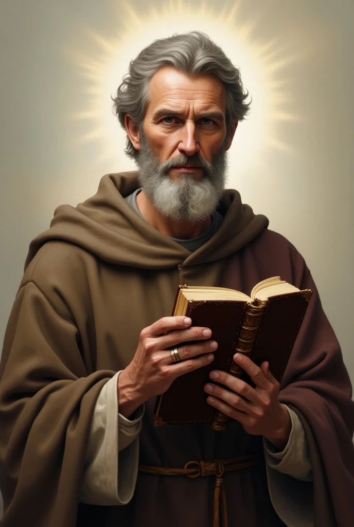 Create a picture of Saint Luke with it, make it very realistic holding a bible with a light background, The appearance of the eye