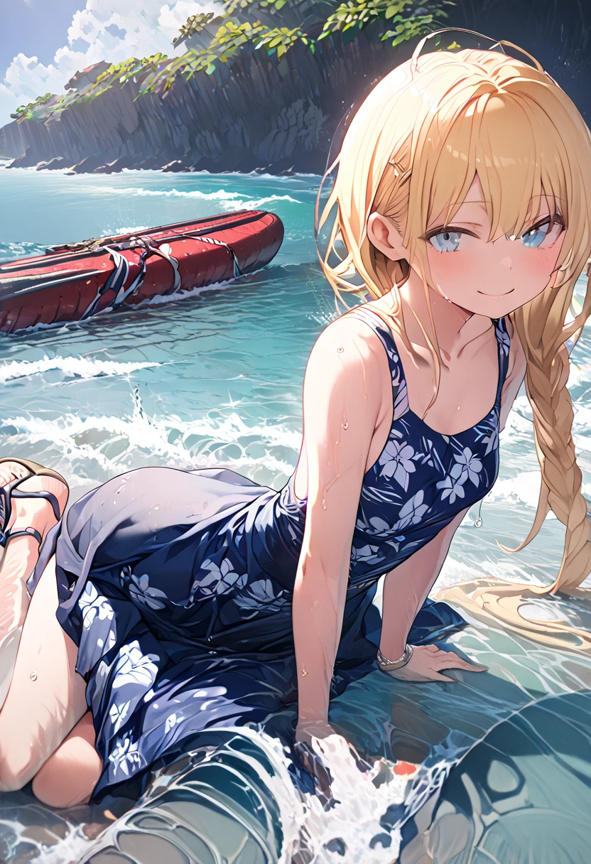 (8k, super high quality, masterpiece), (detailed), One Woman, cute, Small breasts, blonde, Navy Blue Dress, Floral, Hawaiian Dress, Sandals, whole body, sea, soaked, like, The best smile, whole bodyに水滴, My clothes are wet and shining, Waist-deep in water, 