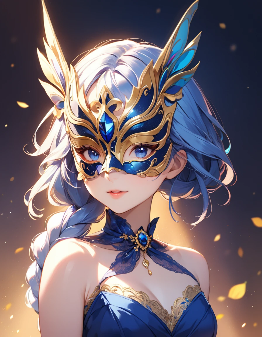 Digital Illustration, Detailed anime style, Heavy Metal Cyberpunk, Pearl tassel eye mask, Girl wearing eye mask, Perfect body, Queen aura, Big colorful eyes,Fashionable and exquisite facial features,Exquisite makeup, Smile, Soulful gaze, Black suit, Epaulettes-Chain, perfect human anatomy, Radioactive geometric dynamic light wave background