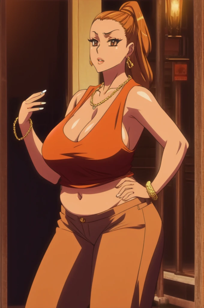 Rei miyamoto,tall body, tall, long legs, mature female, mature, adult, eft_hotd_orange, 1girl, solo, orange hair, brown eyes,Big breasts, enormous large breasts, big cleavage, ((loose black tank top with cleavage and open navel)),Thin tight jeans pants,Super ponybun,Thick lips,Make up,Eyeshadow,Colorless lips,Bar shape earring,Gold chain necklace,Brown Skin,1girl,Solo,Golden bracelet,curvy figure,Top knot bun,Plump,Long nail,Many gold rings,Spouty lips 