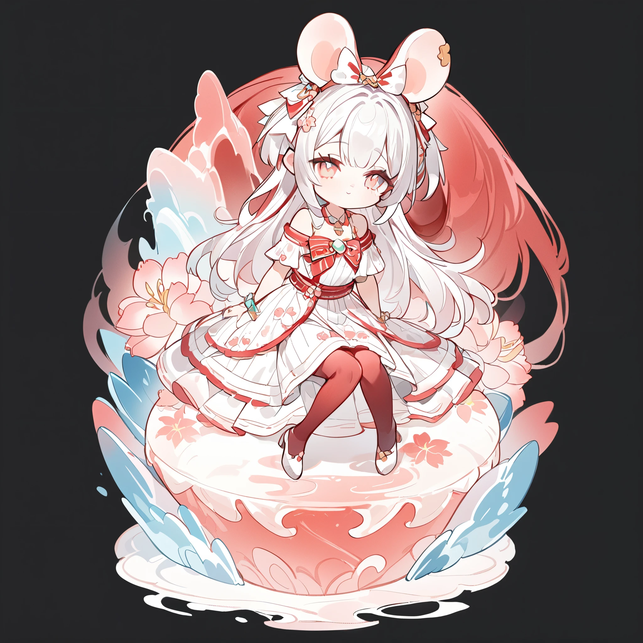 Forward sitting position,Ultra-high quality,Depth of detail, Q version with three heads、Mouse ears, Transparent watercolor 、girl、Gem Eyes、 Beautiful Arrangements and Themes、Write Depth、Flat Avatar, 1girl, (Short brown hair), White hair, Fashion Design Outfits (Red and White)),Background white、 可爱的girl, Simple Dress, Sakura Pantyhose