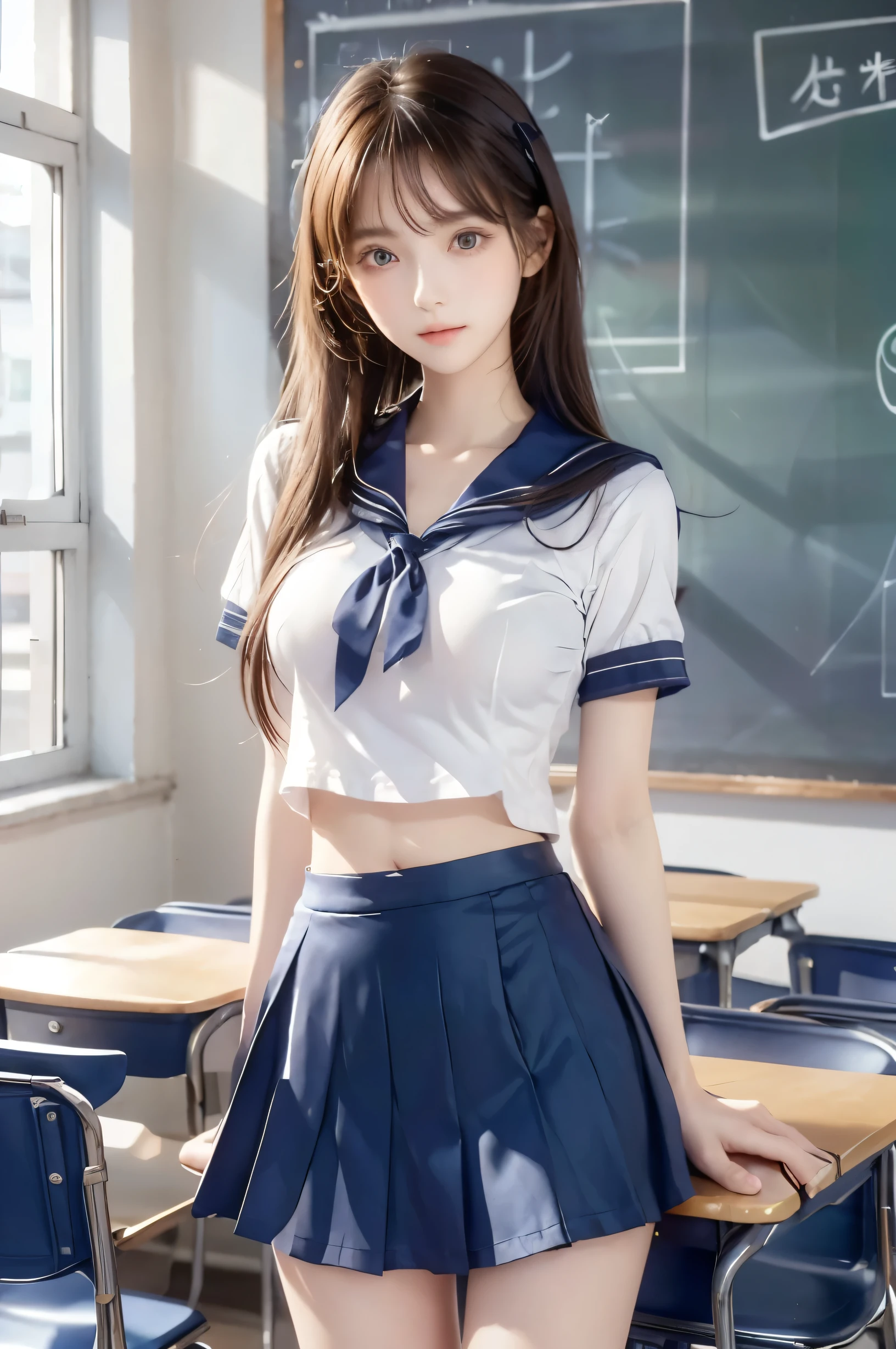 ( super high image quality ), (Looking at me), (Short-sleeved sailor uniform,  navy blue mini skirt), Big Breasts, Super beautiful breasts, Slender, (Thin legs:1.2), (Thin thighs:1.2), (Thin Hips:1.4), (Beautiful Skin,  Glossy Skin, White skin), (Super slim face, Super beautiful face, No makeup, Smile:0.6), (Light Brown Hair, Semi-long, Layered Cut, Fluffy hair), (Big eyes:1.3, High corners of the eyes:1.6, double eyelid), (Thin eyebrows:0.1), (Small Nose:0.6), (Thin lips:0.6), Beautiful Hands, Empty-handed,  standing, School classroom