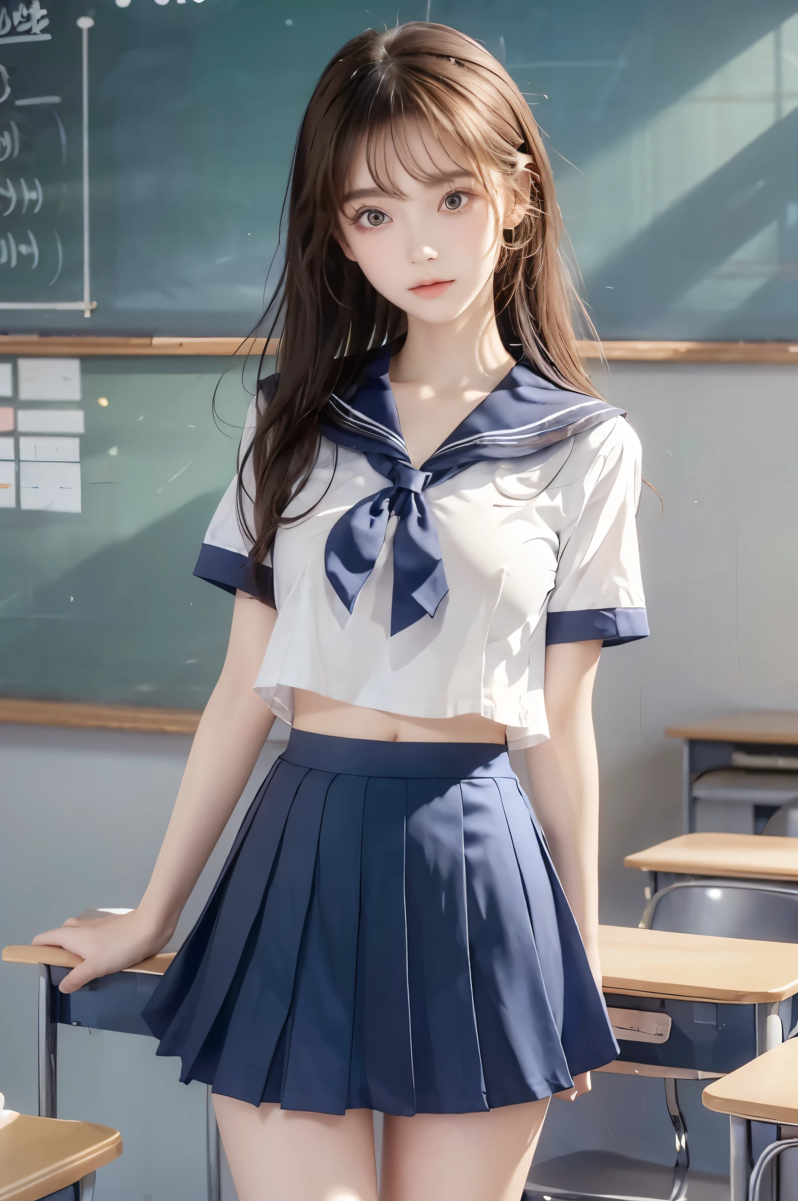 ( super high image quality ), (Looking at me), (Short-sleeved sailor uniform,  navy blue mini skirt), Big Breasts, Super beautiful breasts, Slender, (Thin legs:1.2), (Thin thighs:1.2), (Thin Hips:1.4), (Beautiful Skin,  Glossy Skin, White skin), (Super slim face, Super beautiful face, No makeup, Smile:0.6), (Light Brown Hair, Semi-long, Layered Cut, Fluffy hair), (Big eyes:1.3, High corners of the eyes:1.6, double eyelid), (Thin eyebrows:0.1), (Small Nose:0.6), (Thin lips:0.6), Beautiful Hands, Empty-handed,  standing, School classroom