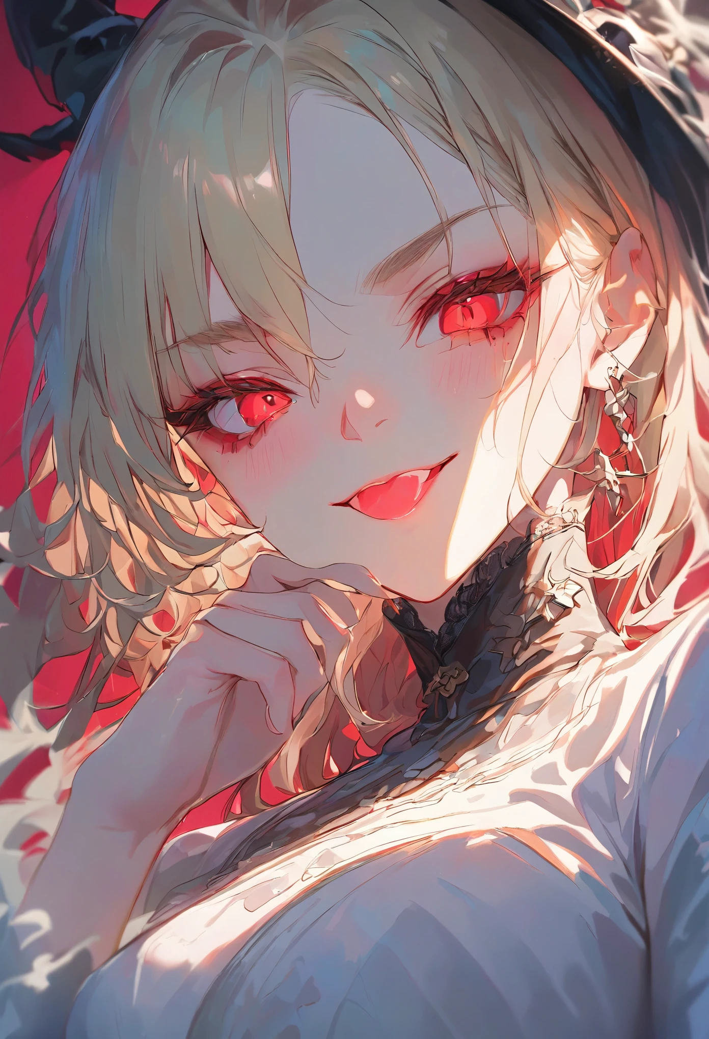 masterpiece, best quality, ultra-detailed, low-angle close-up of a young woman’s face, her blonde hair with soft pink streaks slightly flowing as she gazes down with a condescending, mesugaki,smile, looking at viewer, blush, hand up ,mocking expression, her red eyes glisten with a wicked glint, her lips curled into a taunting smirk, her eyebrows slightly raised, adding a sense of superiority and playfulness, the angle emphasizes her dominant expression, making it feel as though she’s looking down at the viewer, the soft light catches on her face, highlighting the sharp details of her smirk and eyes, the background is softly blurred with a bokeh effect, drawing full attention to her malicious yet confident expression, every detail of her face is meticulously rendered, capturing the depth of her mocking, superior gaze.