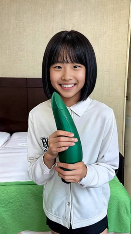 Hotel Rooms、 stare at the camera to capture the audience、Junior high school students、 and hold dildos in your hands、  boyish、healthy、 short hair、high quality、Alone、,  focus your gaze ,   Captivating smile、Black dildo、Flesh-colored dildos 、Laughing/Proud Laugh, Proud face, Green, Gloomy face, Naughty face, Hold back your laughter, Mischievous face, 