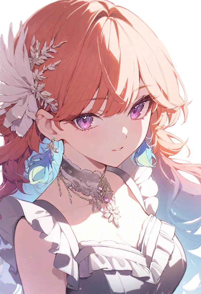 (masterpiece), ( are of the best quality),  Perfect Face ,  beautiful girl , White background background , Delicate and beautiful face and eyes, Dark and rich shadows,  1 girl, vtuber style, Cool Girl, Holographic Live Broadcast,  Takanashi Noki , Colored undercoat, Gradient Hairstyle, Long hair, Feather earrings ,  Gorgeous evening dress ruffle dress, Lace, neckLace, 、