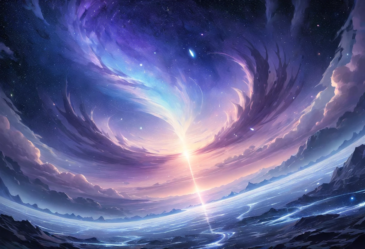 (masterpiece, best quality,8k,Dutch angle shot),Oort cloud, endless starry expanse, shimmering icy fragments, glowing cosmic dust, distant stars, ethereal blue and purple hues, nebula swirling in the distance, delicate light trails, celestial bodies floating, soft glow, otherworldly serenity, intricate texture, hand-painted effect, smooth gradient transitions, vast and mysterious atmosphere
