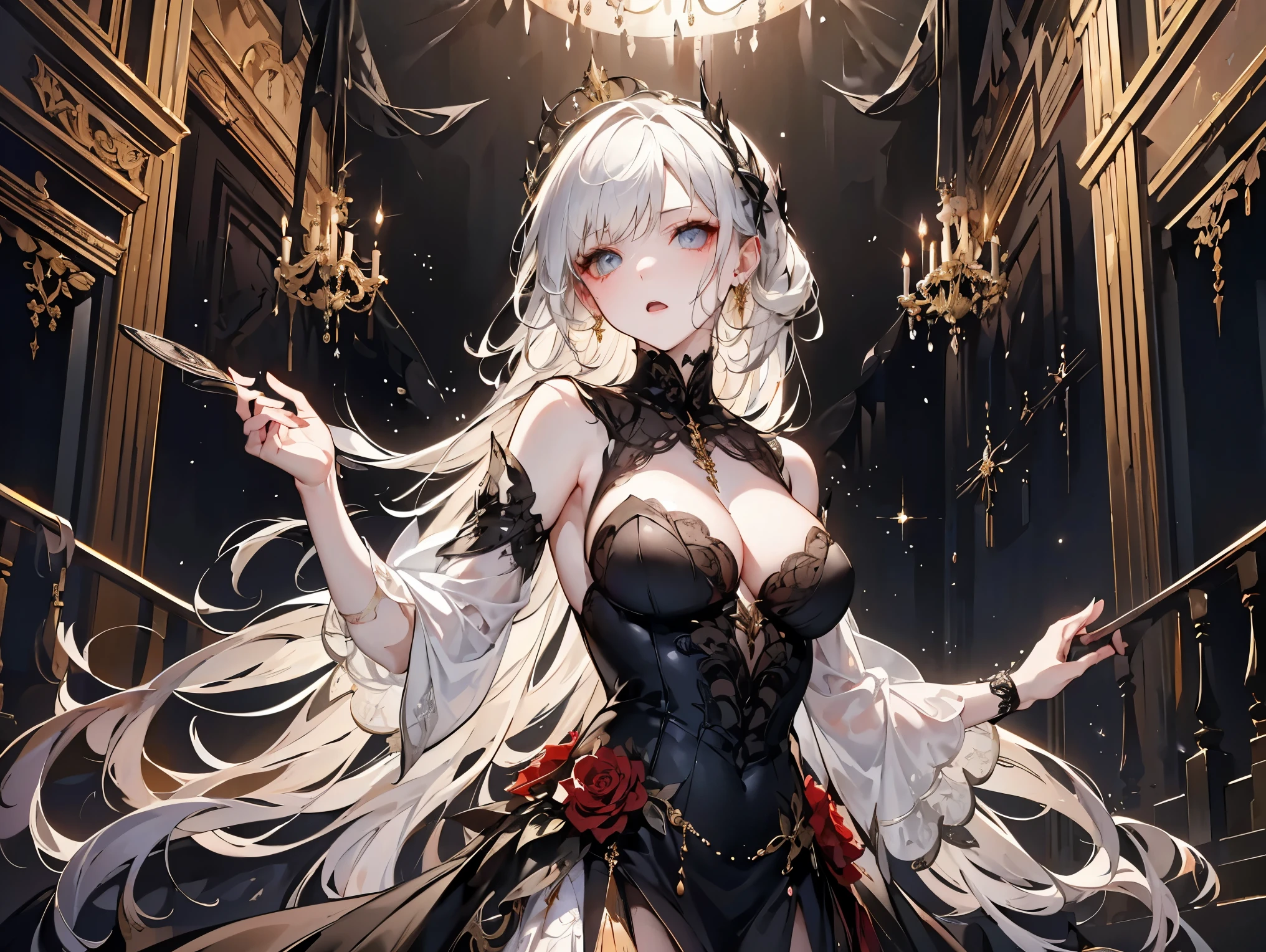 ((best quality)), ((masterpiece)), (detailed), perfect face, detailed eyes, (best quality), (detailed skin:1.3), (intricate details), bust chart, A female opera singer on stage at a grand opera house, wearing an elegant, floor-length gown with intricate detailing. She has a powerful and expressive stance, with one hand raised as she sings. The background features an ornate stage with golden decorations, velvet curtains, and chandeliers hanging from the ceiling. The opera house is filled with rows of red velvet seats and a captivated audience. The lighting is dramatic, casting a soft spotlight on the singer, highlighting her emotion and intensity during her performance