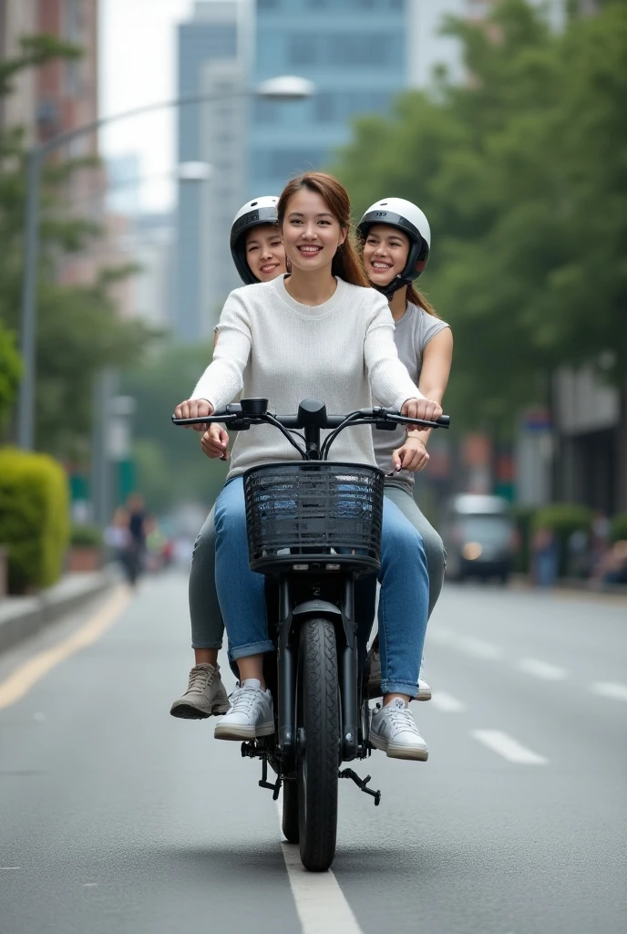 A cute woman in bike shorts and tank top, on her bicycle casually riding, crowded street of Bangkok