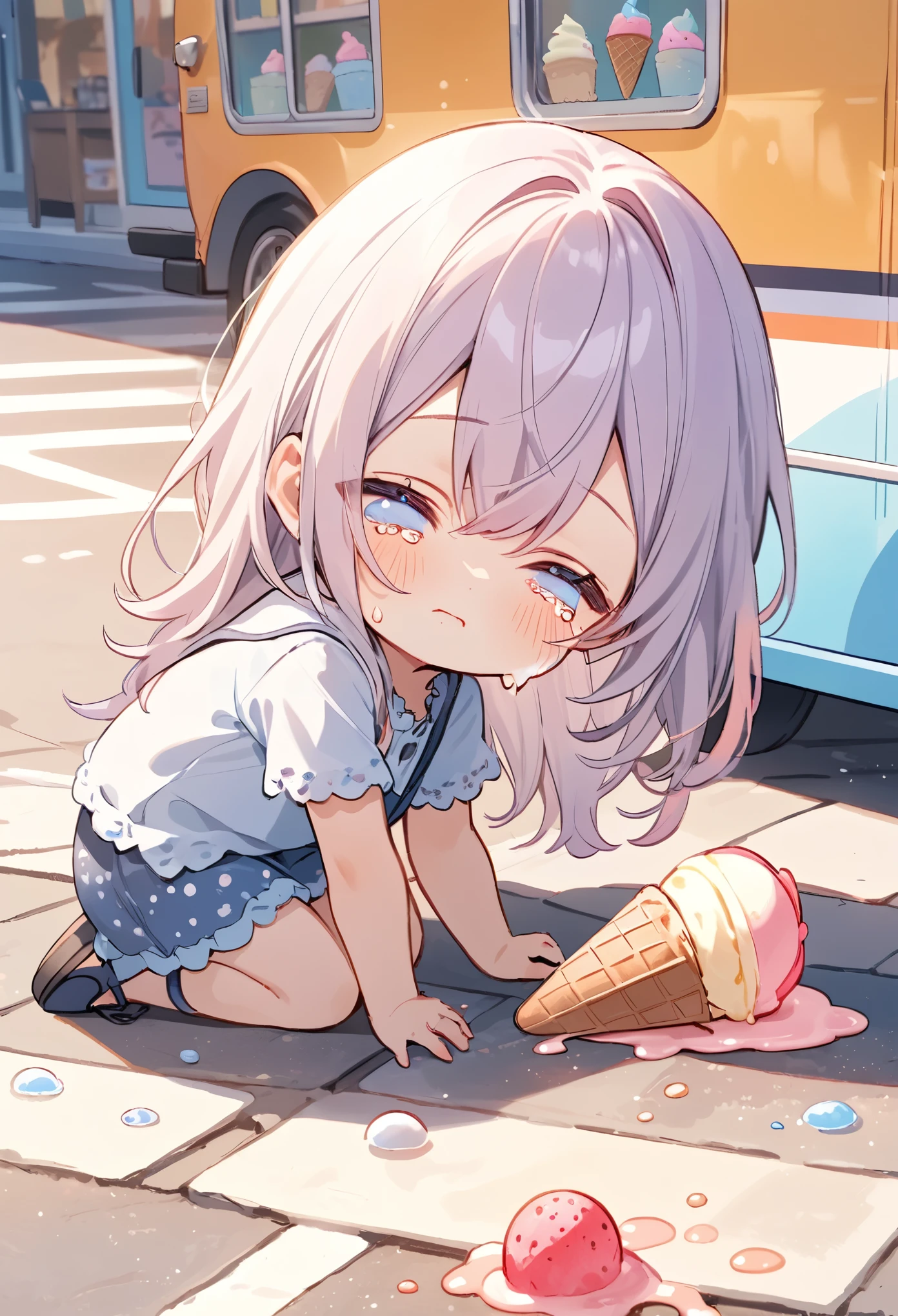 masterpiece, best quality, ultra-detailed, pastel tones, long shot,chibi, young girl lying face down on the ground in front of an ice cream shop's kitchen car, her crying, wearing a casual summer outfit, the ice cream she bought lying on the ground, scattered and melting, unable to be eaten anymore, her hand still outstretched as if trying to grasp what is now lost, soft afternoon sunlight casting gentle shadows, the bright and colorful kitchen car in the background, detailed depiction of the fallen ice cream with different flavors mixing on the pavement, focus on the girl's defeated posture and the humorous yet sad situation, warm and soft color palette, conveying a sense of irony and disappointment, the atmosphere is a blend of lightheartedness and quiet resig