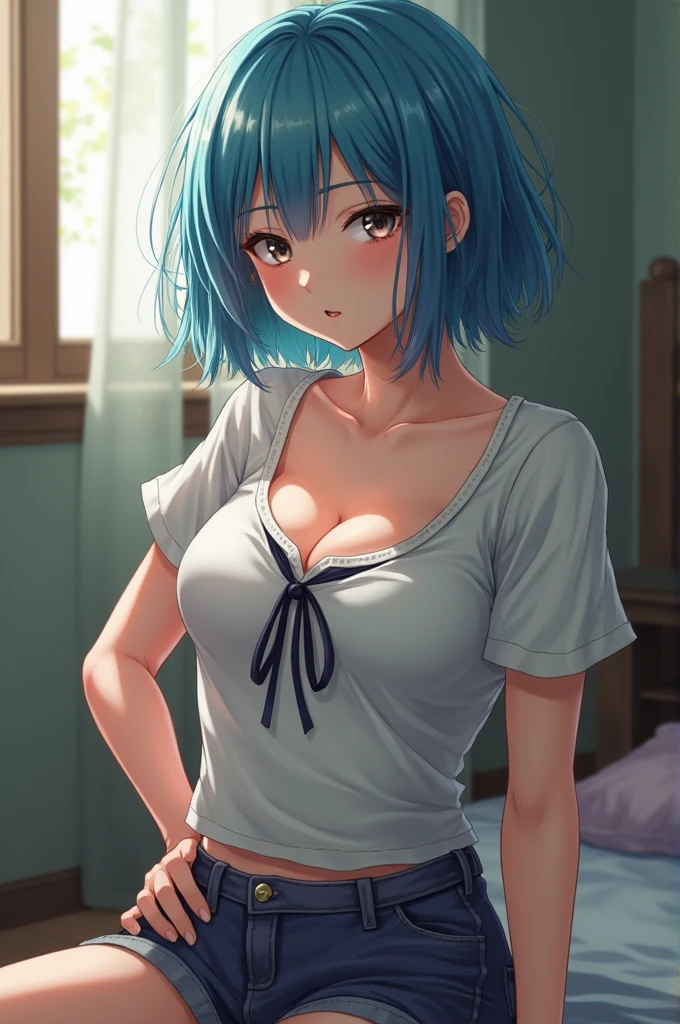 1 girl , short hair,  light blue hair, t-shirt oversize, off the shoulder, bra, jealous, blush, kneeling down, looking at the camera, underwear, glowing, sidelighting, wallpapers,