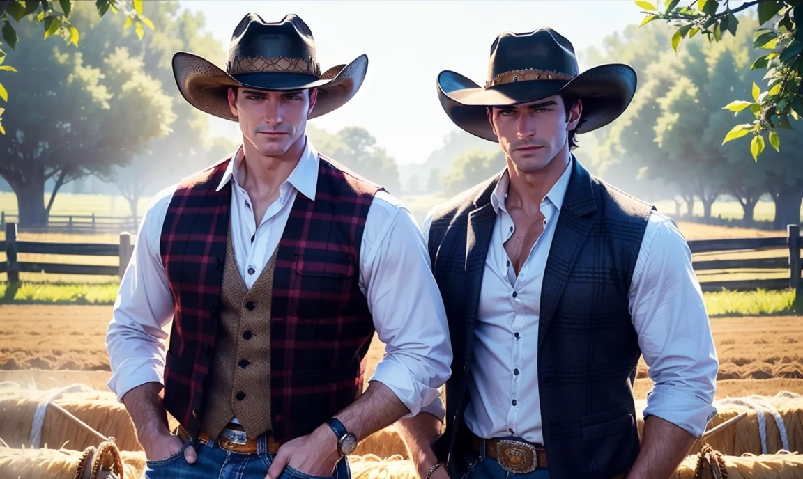 A young handsome cute skinny shirtless guy getting out of a car with a cowboy friend on a farm