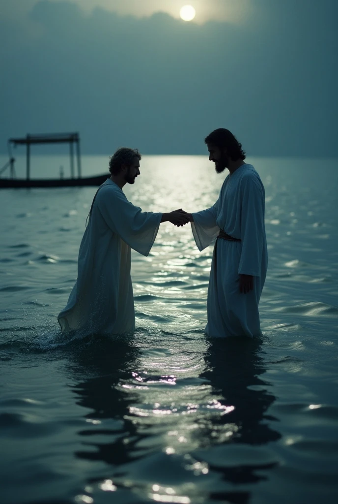 Jesus Christ hugging people in a lake