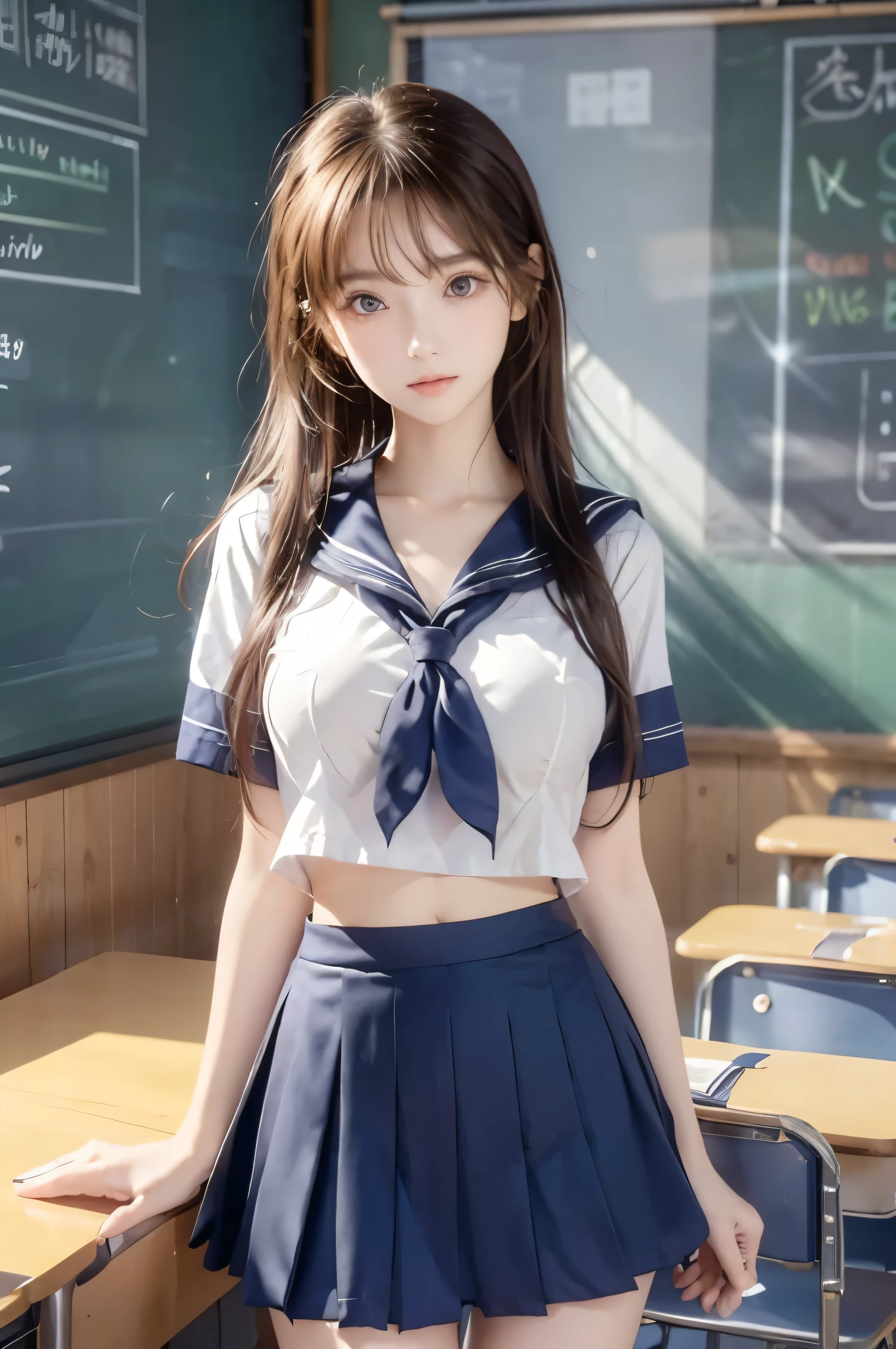 ( super high image quality ), (Looking at me), (Short-sleeved sailor uniform,  navy blue mini skirt), Big Breasts, Super beautiful breasts, Slender, (Thin legs:1.2), (Thin thighs:1.2), (Thin Hips:1.4), (Beautiful Skin,  Glossy Skin, White skin), (Super slim face, Super beautiful face, No makeup, Smile:0.6), (Light Brown Hair, Semi-long, Layered Cut, Fluffy hair), (Big eyes:1.3, High corners of the eyes:1.6, double eyelid), (Thin eyebrows:0.1), (Small Nose:0.6), (Thin lips:0.6), Beautiful Hands, Empty-handed,  standing, School classroom