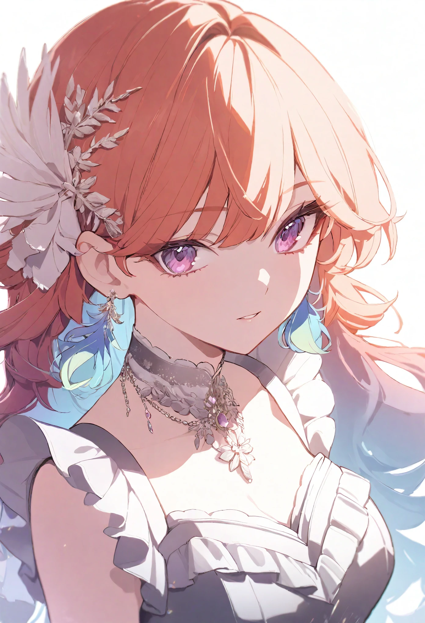 (masterpiece), ( are of the best quality),  Perfect Face ,  beautiful girl , White background background , Delicate and beautiful face and eyes, Dark and rich shadows,  1 girl, vtuber style, Cool Girl, Holographic Live Broadcast,  Takanashi Noki , Colored undercoat, Gradient Hairstyle, Long hair, Feather earrings ,  Gorgeous evening dress ruffle dress, Lace, neckLace, 、