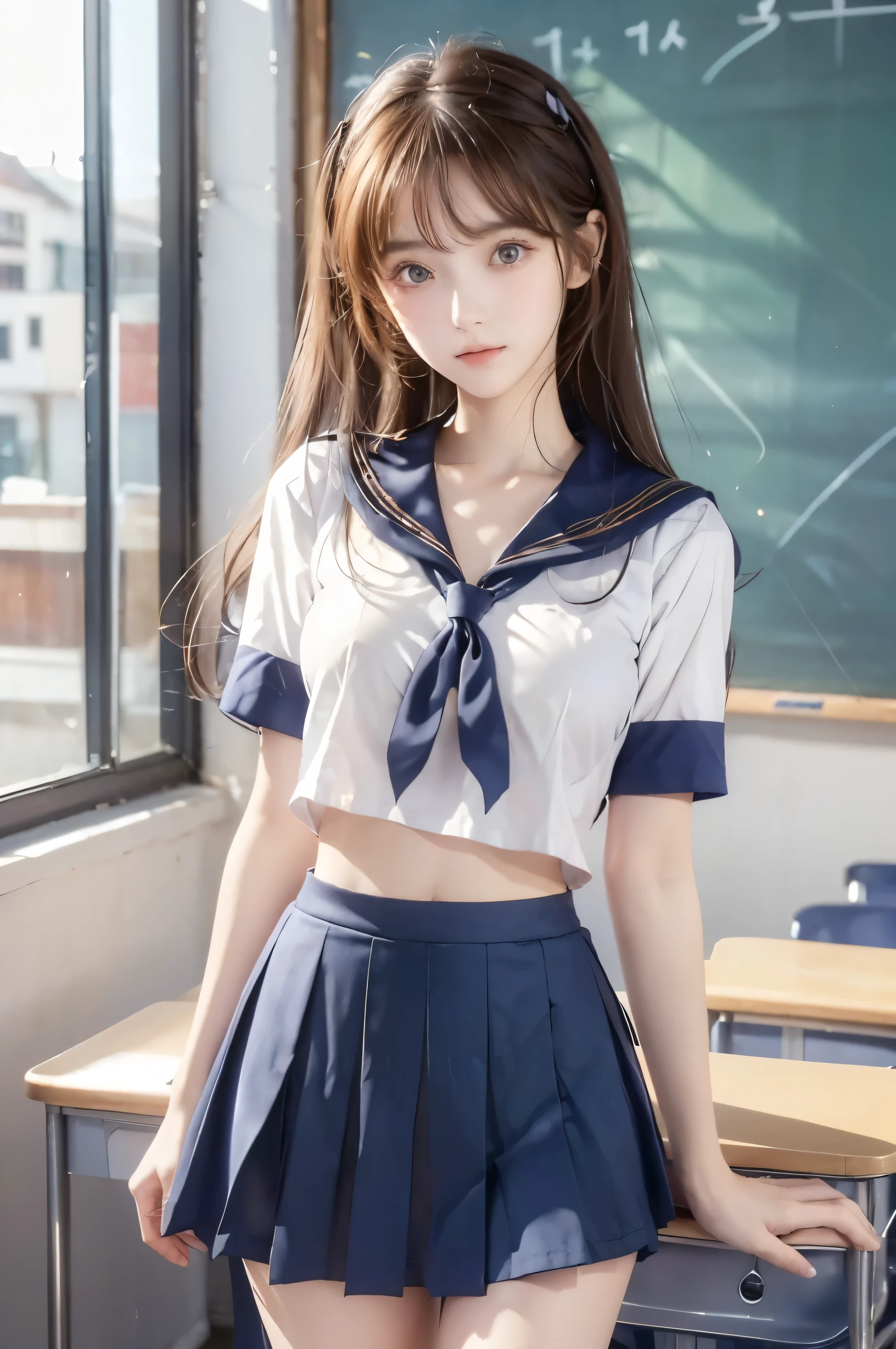 ( super high image quality ), (Looking at me), (Short-sleeved sailor uniform,  navy blue mini skirt), Big Breasts, Super beautiful breasts, Slender, (Thin legs:1.2), (Thin thighs:1.2), (Thin Hips:1.4), (Beautiful Skin,  Glossy Skin, White skin), (Super slim face, Super beautiful face, No makeup, Smile:0.6), (Light Brown Hair, Semi-long, Layered Cut, Fluffy hair), (Big eyes:1.3, High corners of the eyes:1.6, double eyelid), (Thin eyebrows:0.1), (Small Nose:0.6), (Thin lips:0.6), Beautiful Hands, Empty-handed,  standing, School classroom