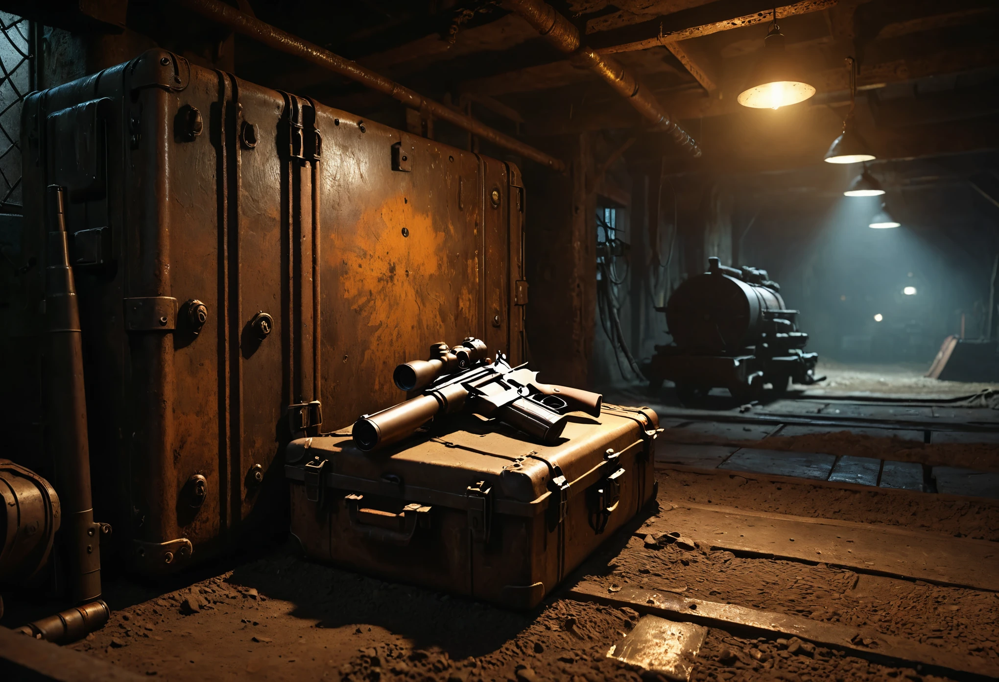  hidden underground armory 、 stacked firearms、bullet case 、Dark atmosphere、 Cinematic Lighting 、 atmospheric lighting 、 Dramatic Shadows 、rust、Dust、Spider web、Rough texture、worn metal 、Old machine、Industrial Settings、Detailed Environment、 very detailed、 complicated details、Surreal、masterpiece、8k、 Photorealistic 、 cinematic composition 、Chiaroscuro Lighting、 calm color palette