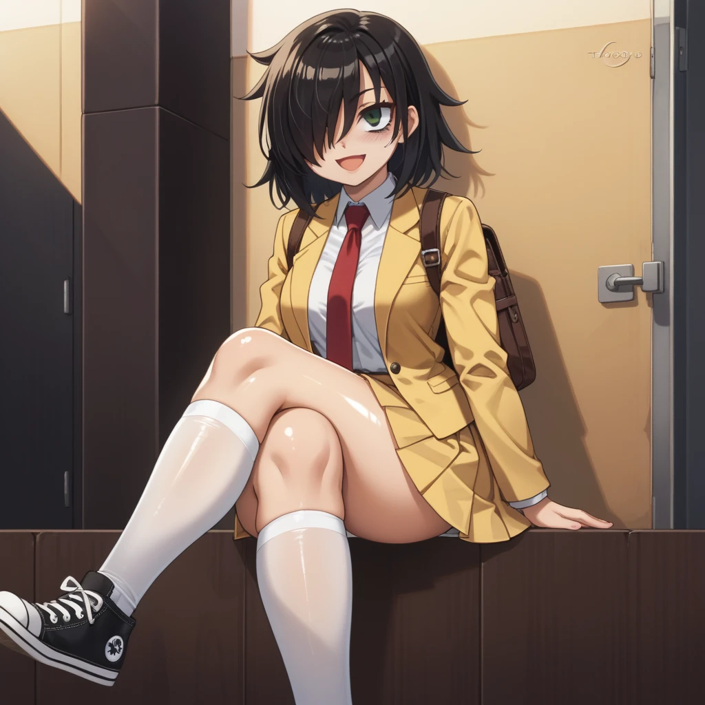 score_9, score_8_up, score_7_up,, solo, source_anime, tomokoxl, bags under eyes, hair over one eye black hair, medium hair, school uniform, red necktie, yellow skirt, short skirt, pleated skirt, yellow jacket, standing, cowboy shot, sitting, crossed legs, thick thighs, shiny skin, focus in crossed legs, underwear, white underwear, shiny underwear, lace underwear, white lace underwear, shiny lace underwear, panties, white panties, shiny panties, only crossed legs pose, sexy crossed legs, perfect crossed legs, sexy legs, big thighs, oiled thighs, oiled legs, smile, open mouth, glowing green eyes, evening time, dark room, breast, big breast, sheer socks, white sheer socks, knee socks, white knee socks, sheer knee socks, converse, chuck taylor converse, black converse, backpack, leather backpack, brown backpack, focus in crossed legs, focus in legs, blushing,