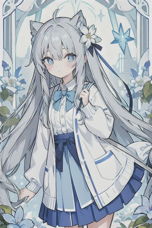 Gray hair、Very long hair · side tail on the right side · eyes of a different color 、Left eye is light blue、Right eye is gray, small breasts, white blouse, pale light blue cardigan, gray skirt, large gray ribbon attached to collar · single girl · quiet · smiling · light blue flower field · holding light blue flowers · top quality