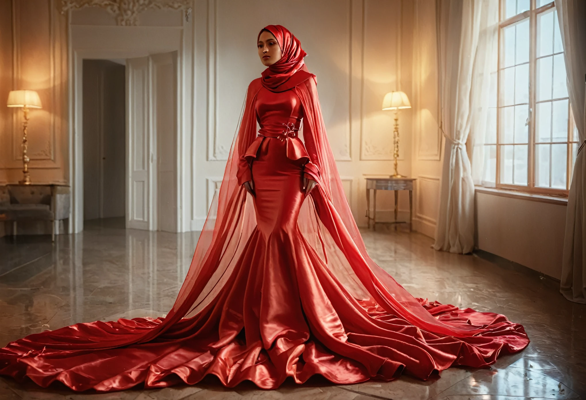 woman shrouded in a 10-meter-long, plush semi transparent red satin shimmer cloth, tightly bound and grandly draping along the form of her body, flowing off into a pooled floor-length train, styled in a mermaid-inspired outfit, her head modestly veiled in a satin hijab,walk in, a full-body pose conveying a sense of mysterious elegance, captured in a 4k resolution, ultra-realistic, (best quality,4k,8k,highres,masterpiece:1.2),ultra-detailed,(realistic,photorealistic,photo-realistic:1.37),HDR,UHD,studio lighting,ultra-fine painting,sharp focus,physically-based rendering,extreme detail description,professional,vivid colors,bokeh,portraits,fantasy,cinematic lighting
